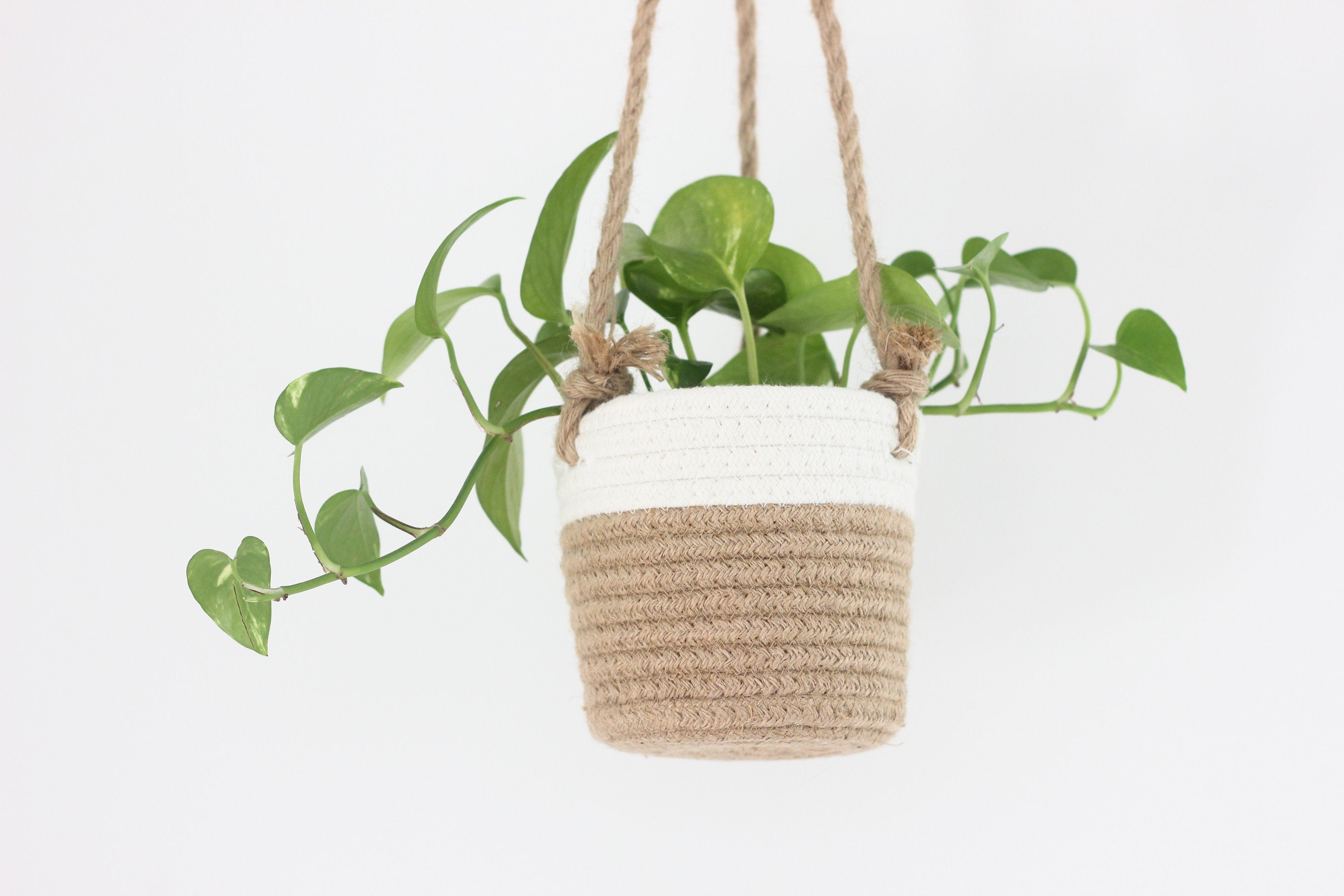 Medium Beige and White Cotton Rope Hanging Planter Basket