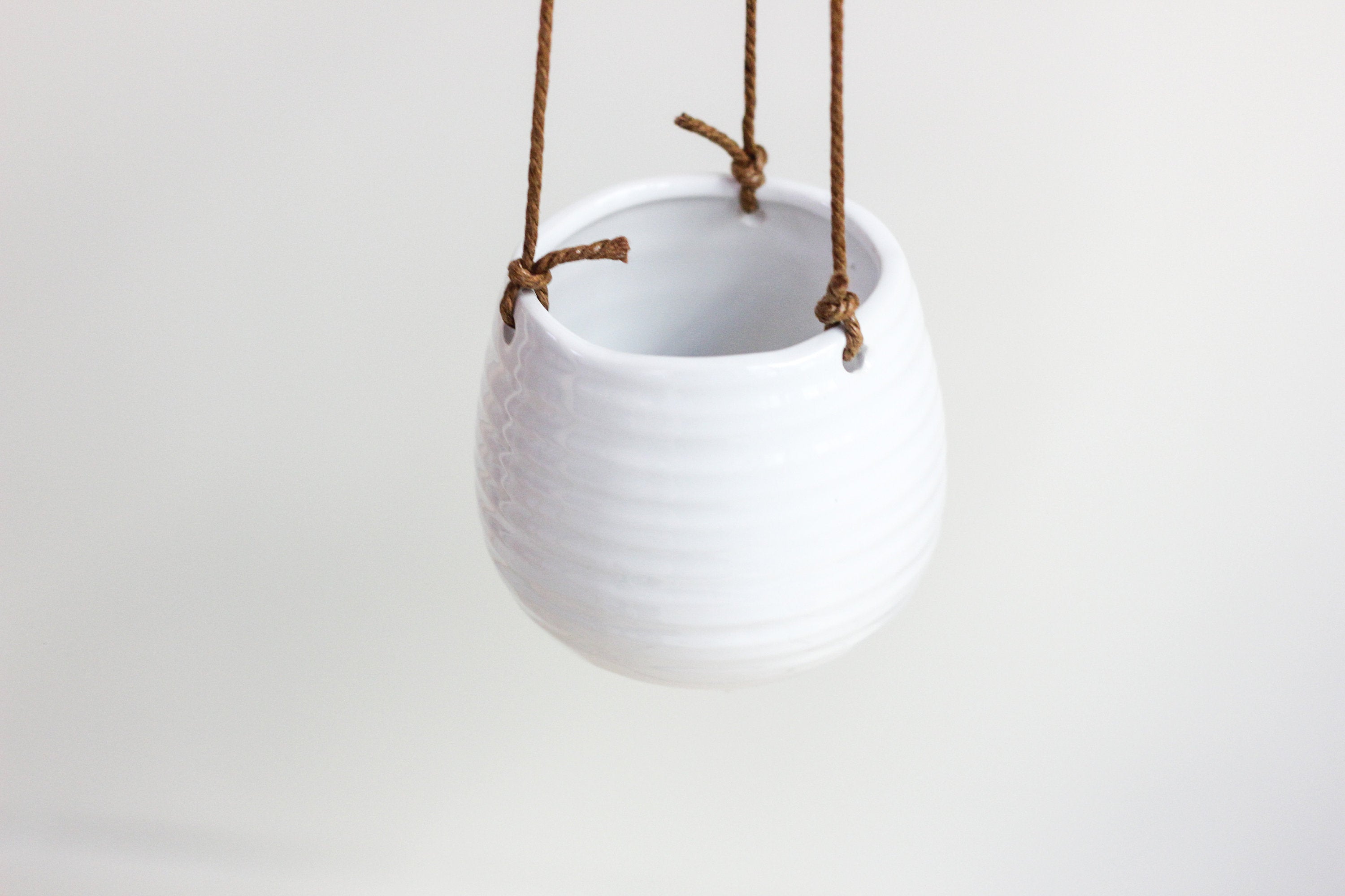Ribbed Glossy White Ceramic Hanging Planter Pot