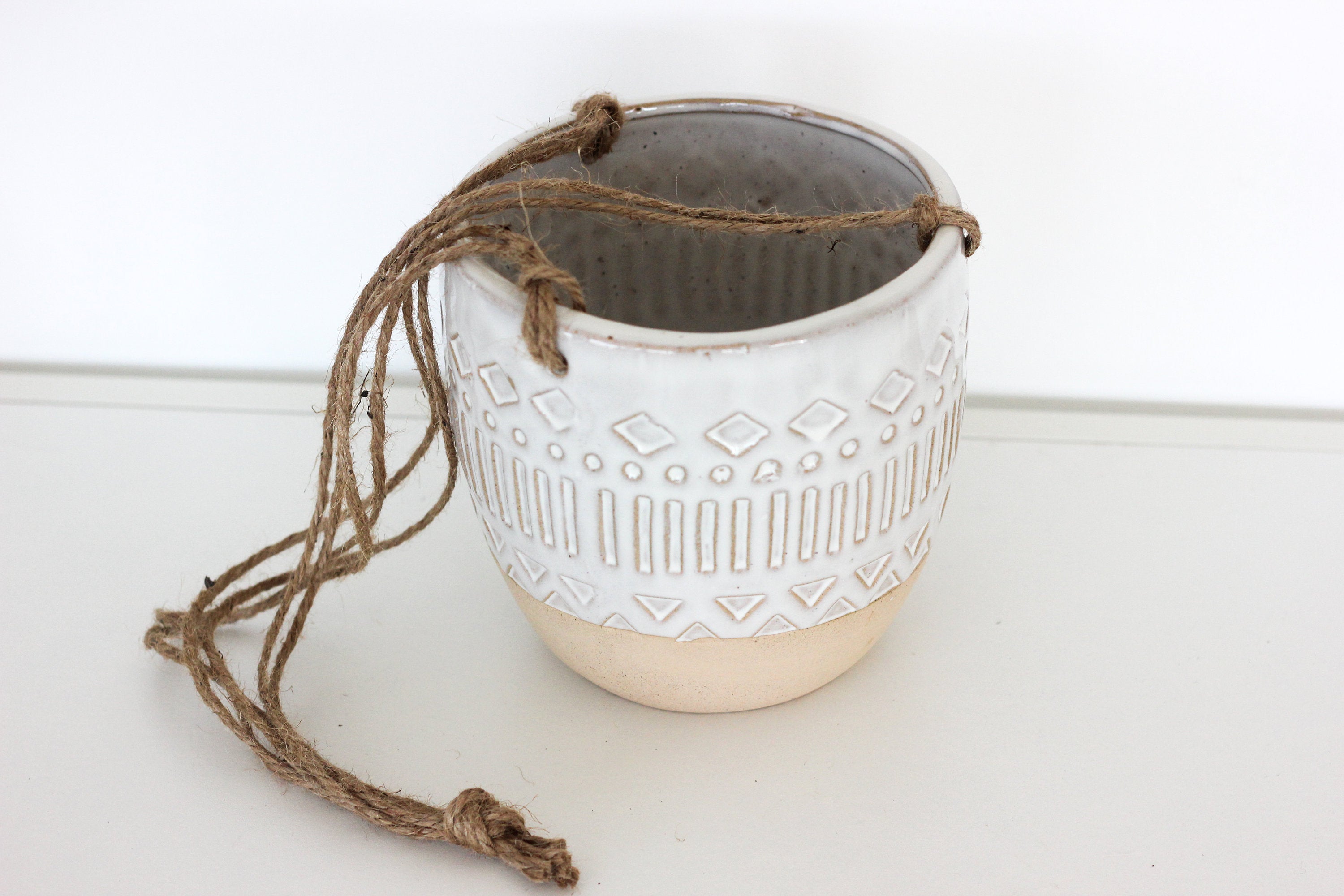 Patterned Ceramic White and Beige Hanging Planter Pot