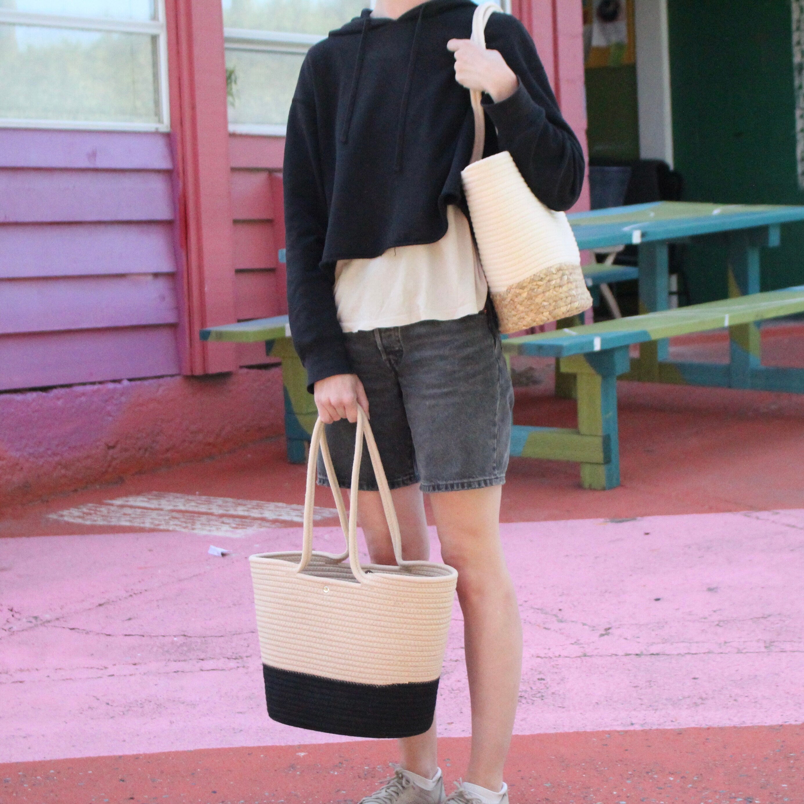 Two Tone Farmers Market Grocery Tote Shoulder Bag in Jute and Cottom