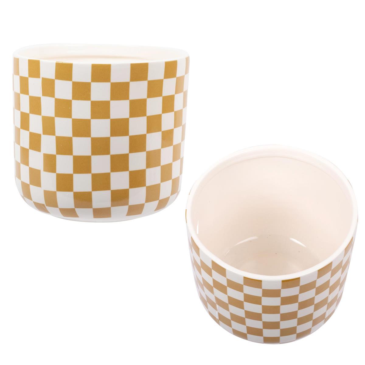 Large Checkered Ceramic Planter with Two Tone Glaze in Beige and White