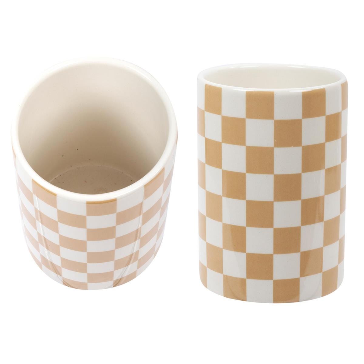 Large Checkered Ceramic Planter with Two Tone Glaze in Beige and White