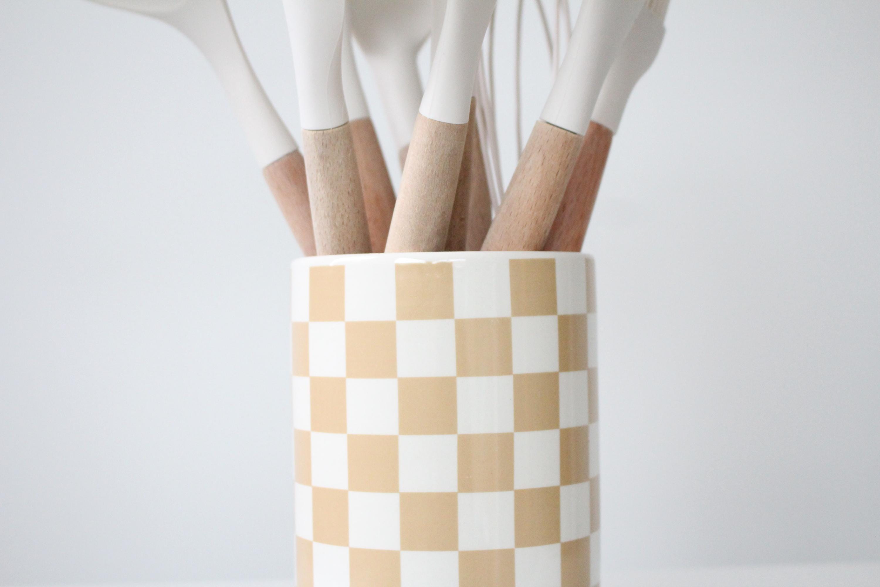 Large Checkered Ceramic Planter with Two Tone Glaze in Beige and White