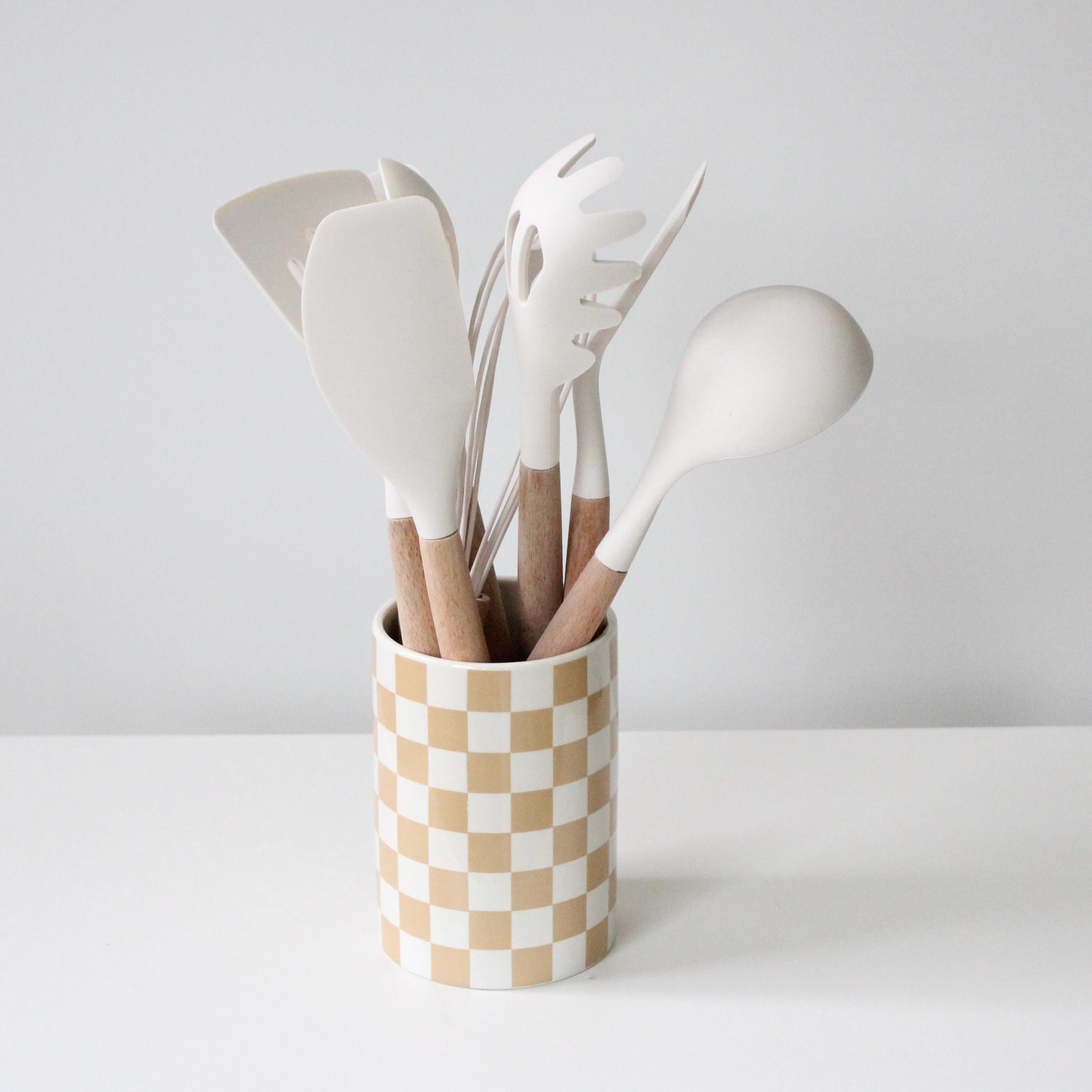 Large Checkered Ceramic Planter with Two Tone Glaze in Beige and White