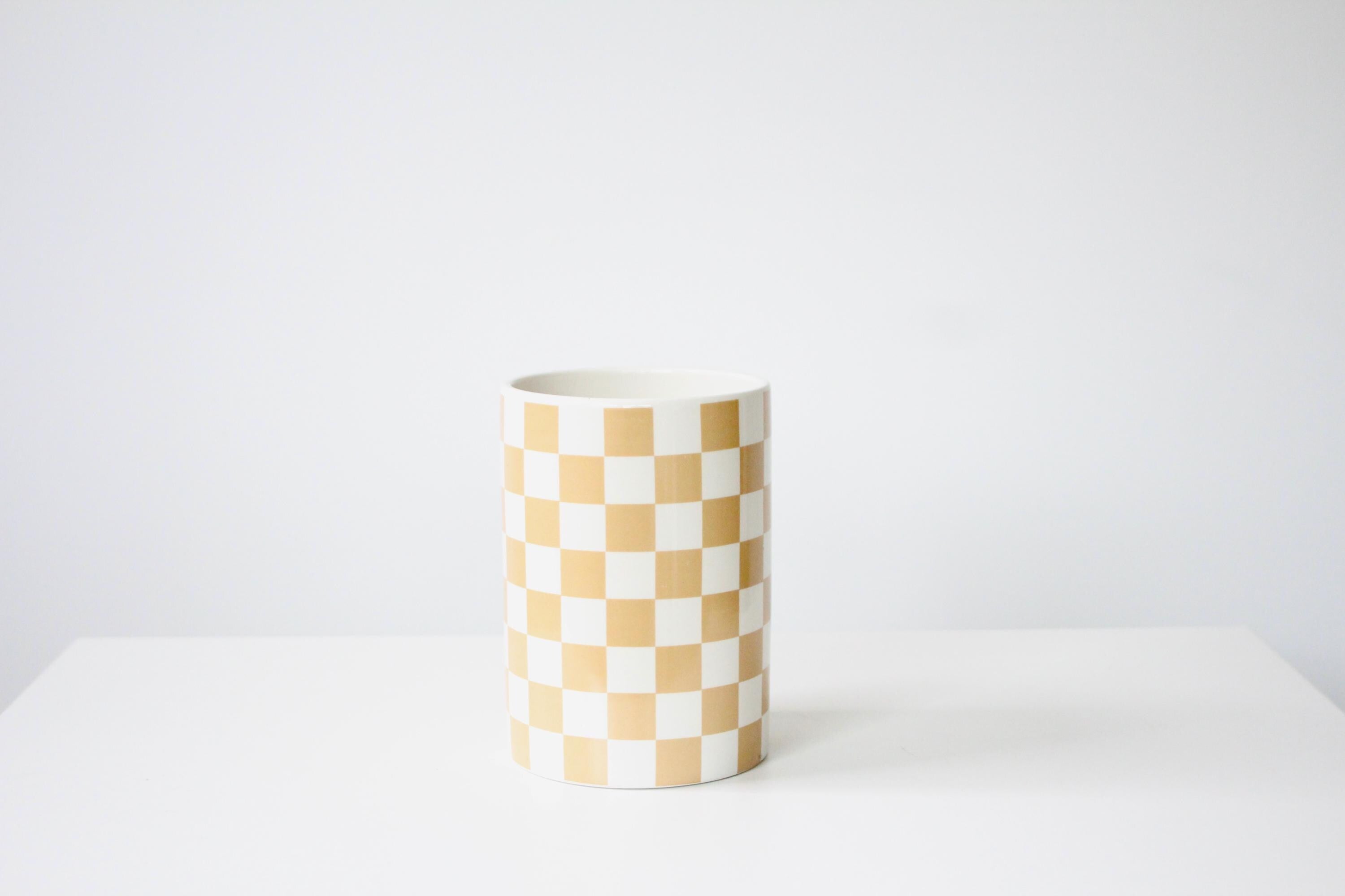 Large Checkered Ceramic Planter with Two Tone Glaze in Beige and White