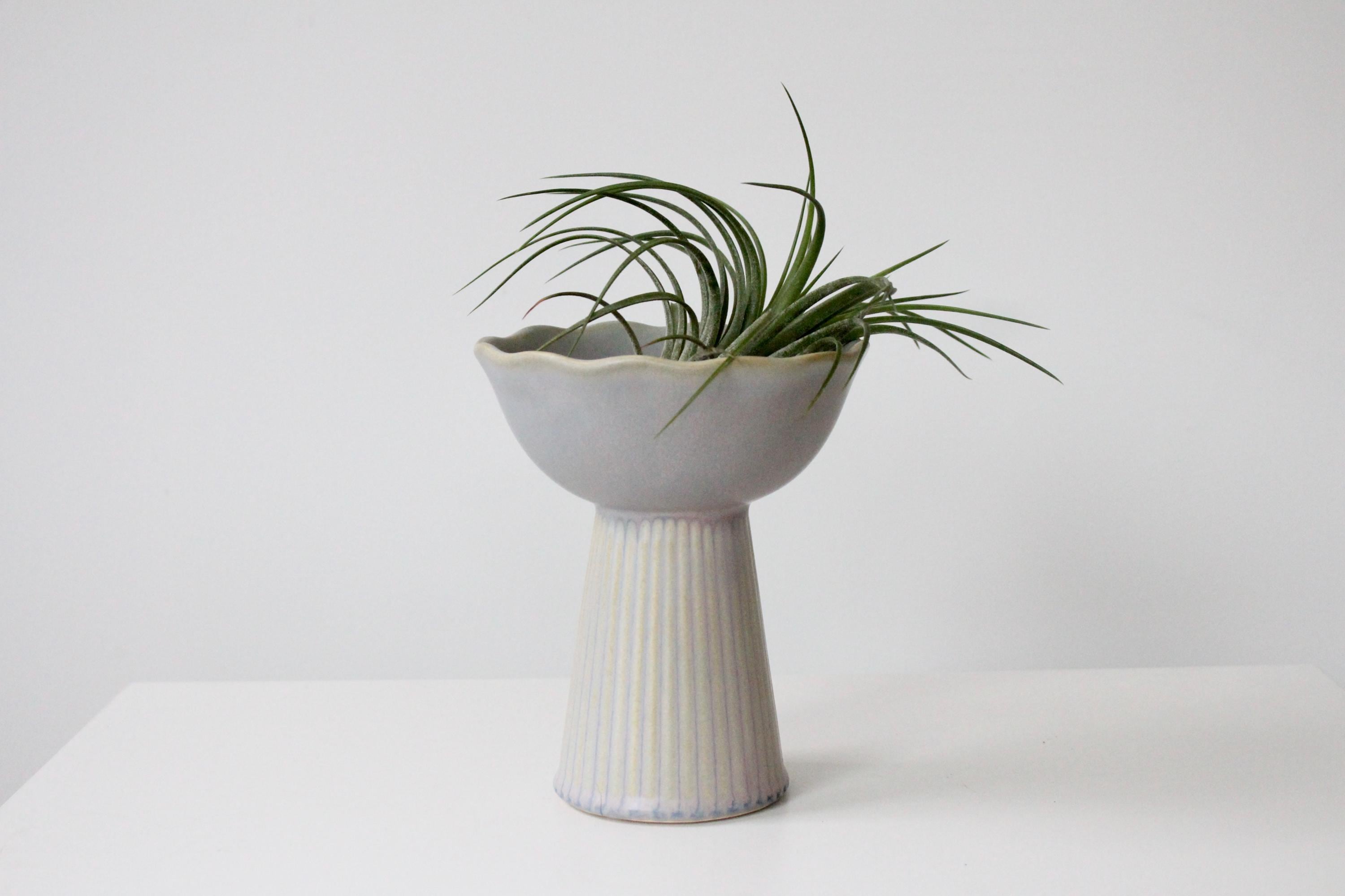 Handmade Ceramic Catchall Bowl | Pearl Grey and Cream Glazed Pedestal Dish, Modern Rippled Key or Jewelry Holder