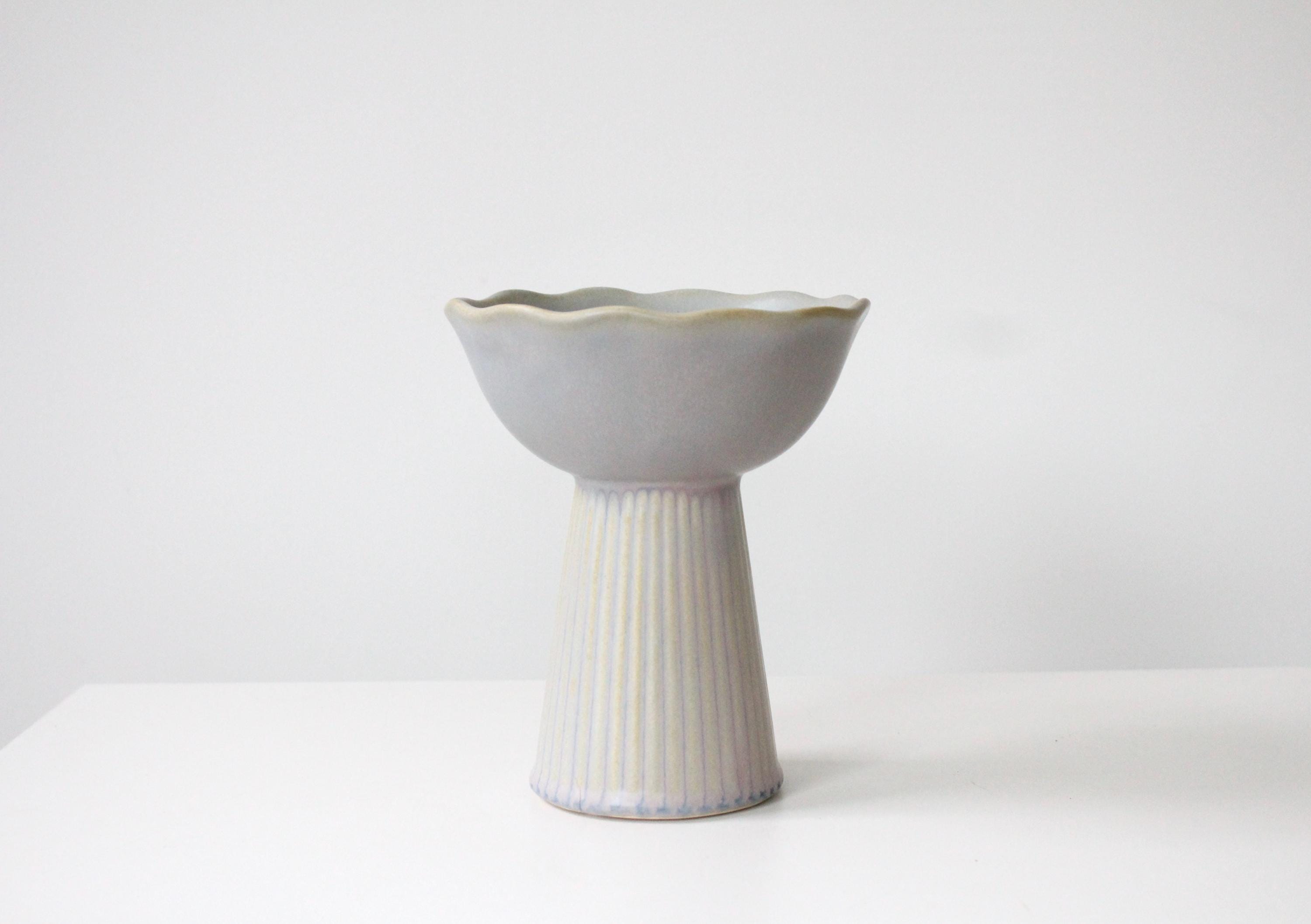Handmade Ceramic Catchall Bowl | Pearl Grey and Cream Glazed Pedestal Dish, Modern Rippled Key or Jewelry Holder