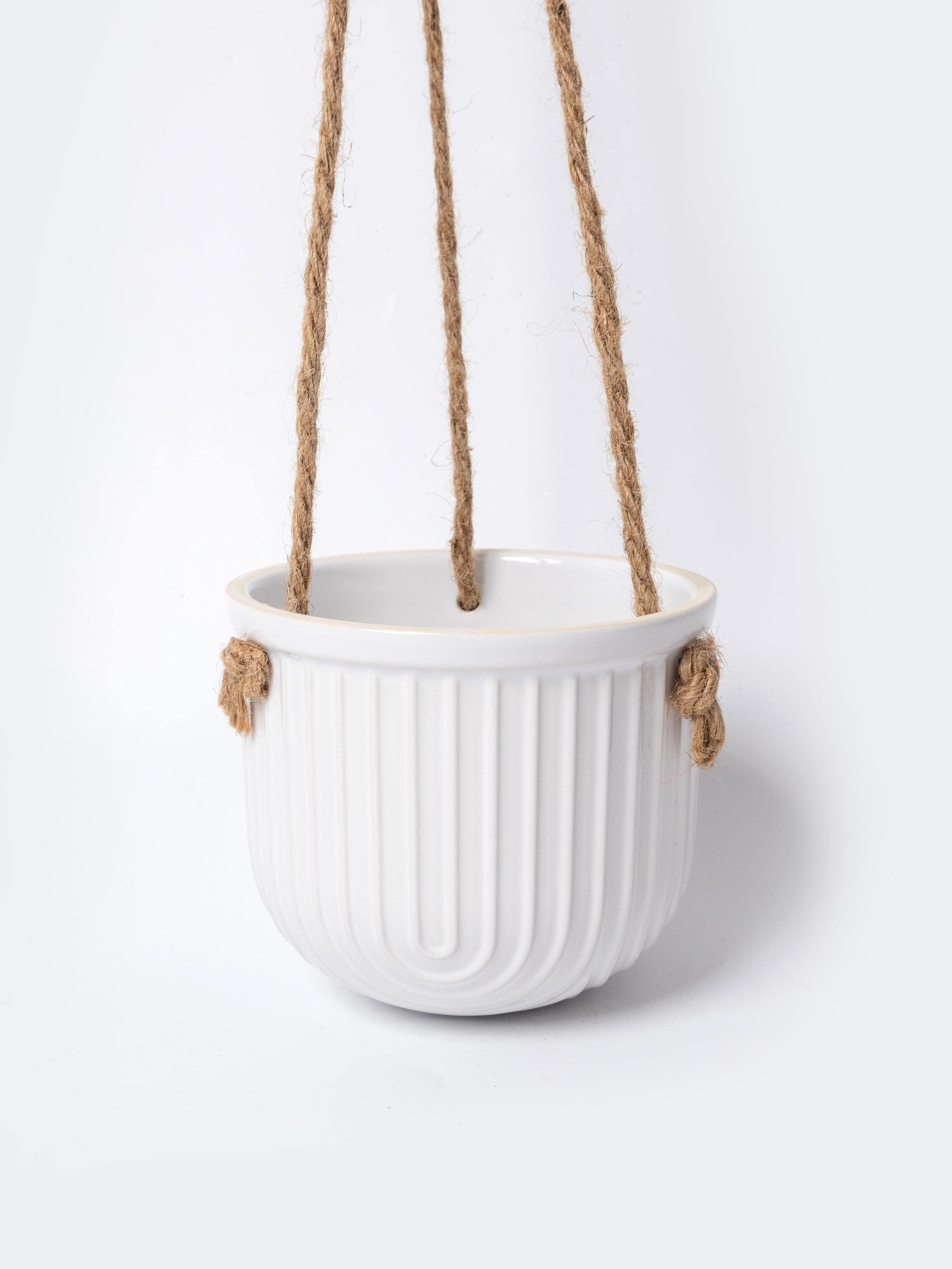 Arch White Hanging Ceramic Planter | Ribbed Indoor Plant Pot with Jute Rope | Modern Vertical Wall Vase