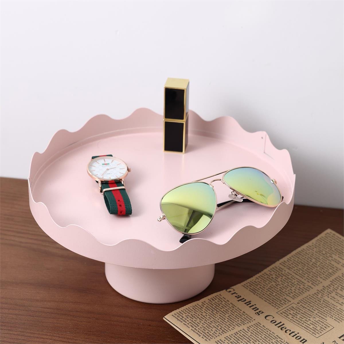 Blush Pink Metal Storage Caddy | Scalloped Organizer with Wooden Handle for Makeup, Craft Supplies & Bathroom Essentials