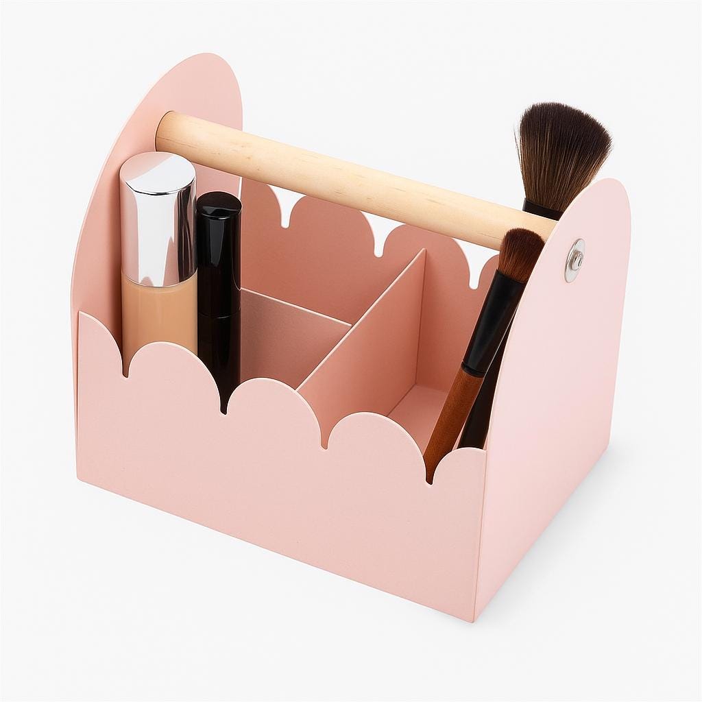 Blush Pink Metal Storage Caddy | Scalloped Organizer with Wooden Handle for Makeup, Craft Supplies & Bathroom Essentials
