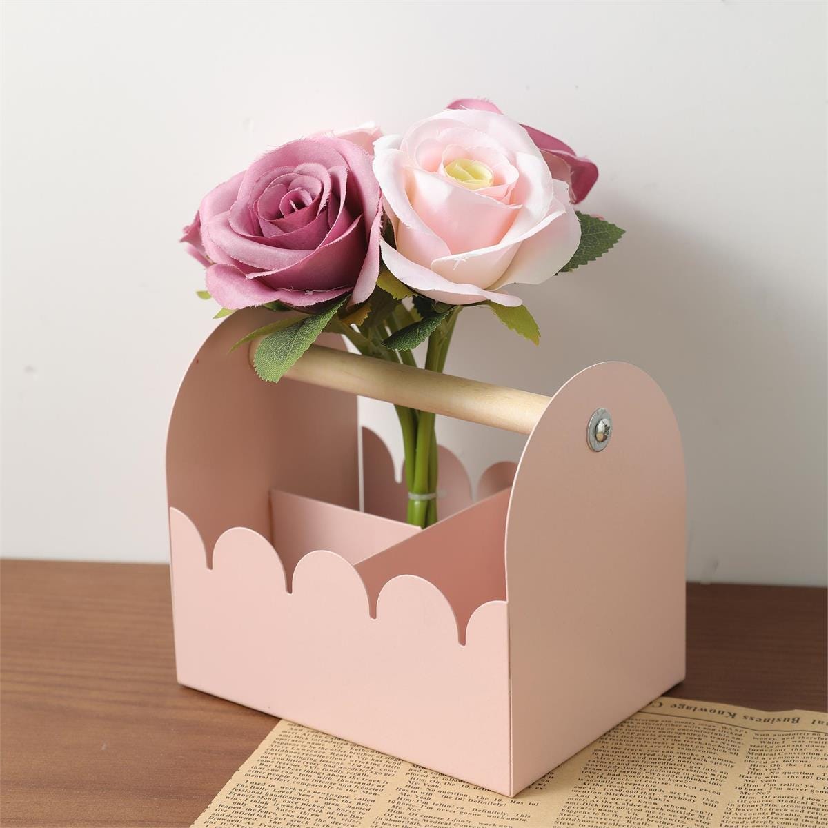 Blush Pink Metal Storage Caddy | Scalloped Organizer with Wooden Handle for Makeup, Craft Supplies & Bathroom Essentials