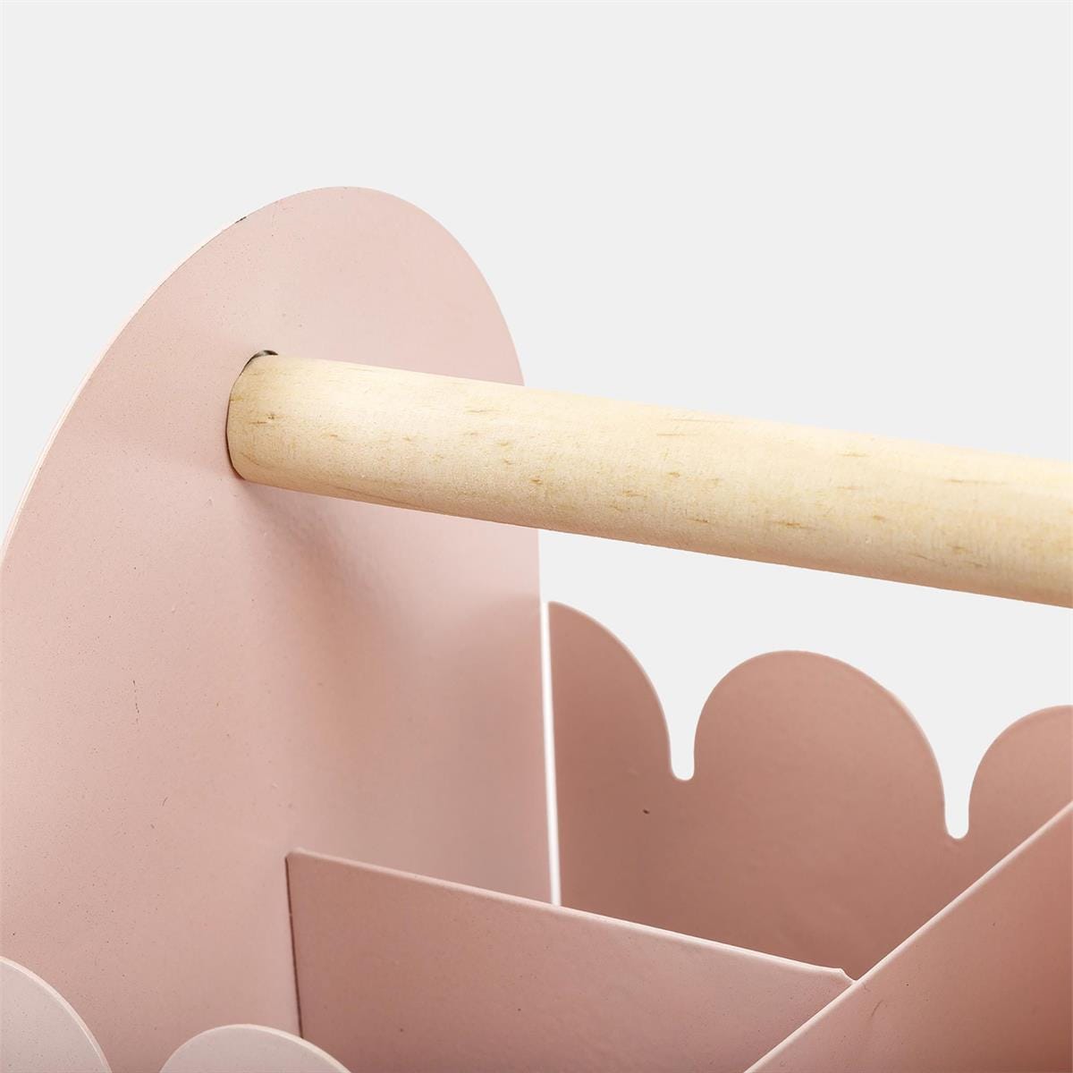 Blush Pink Metal Storage Caddy | Scalloped Organizer with Wooden Handle for Makeup, Craft Supplies & Bathroom Essentials