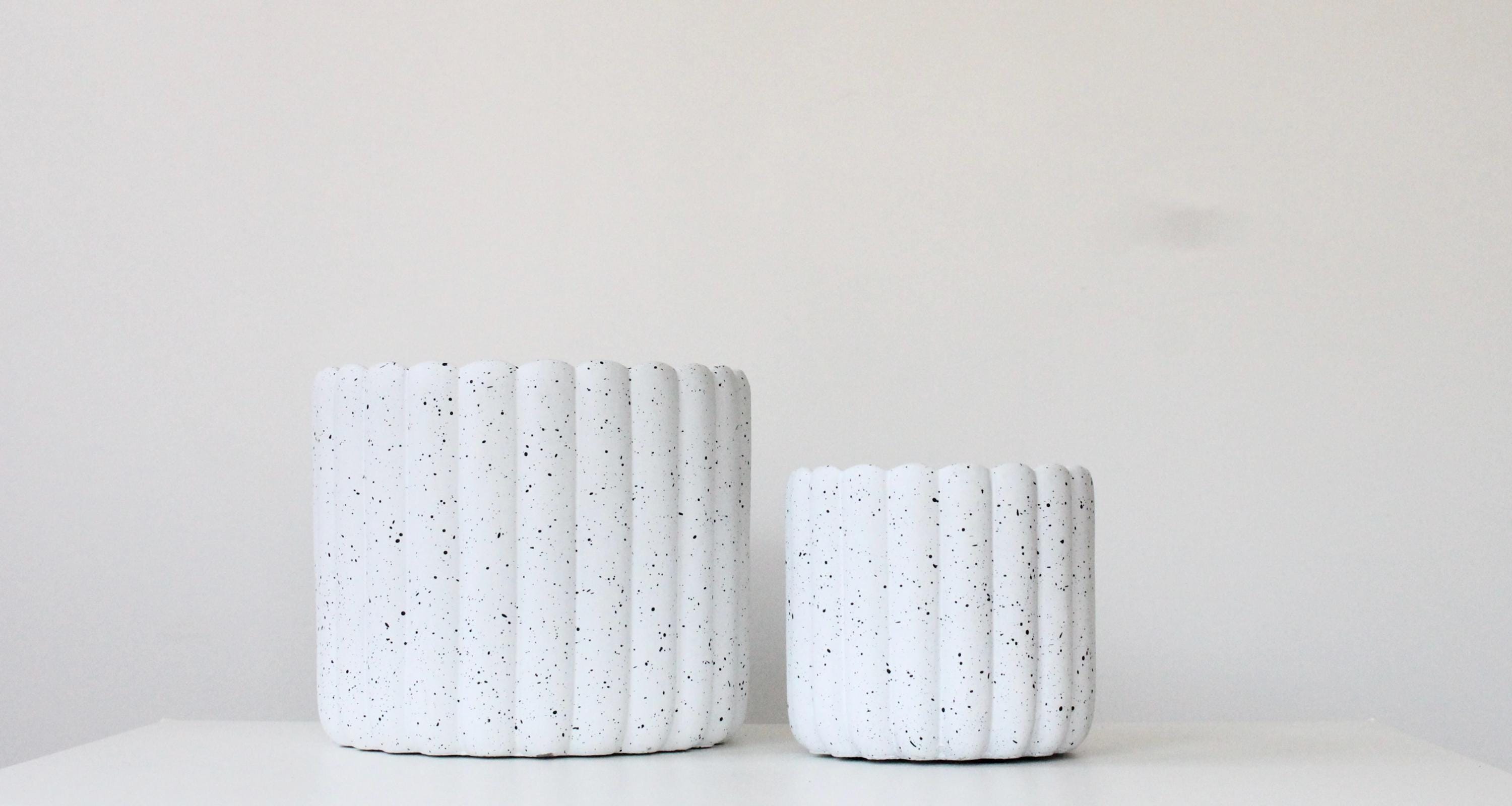 Scalloped Cement Planter | White Speckled Modern Pot for Indoor Plants, Boho Minimalist Home Decor