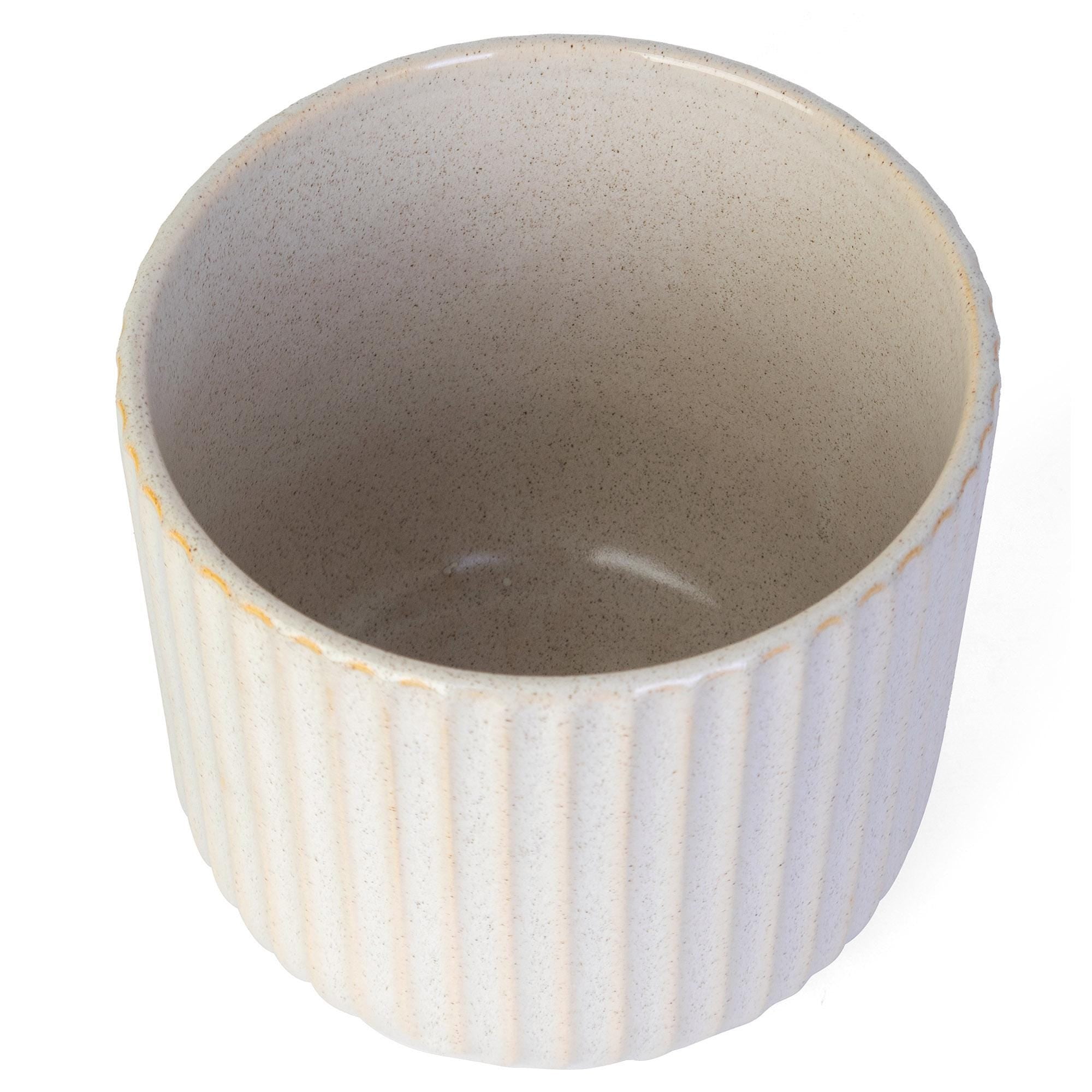 Ribbed Arch Speckled Ceramic Flower Vase | Beige Scallop Planter | Rounded Indoor Pot with Modern Texture
