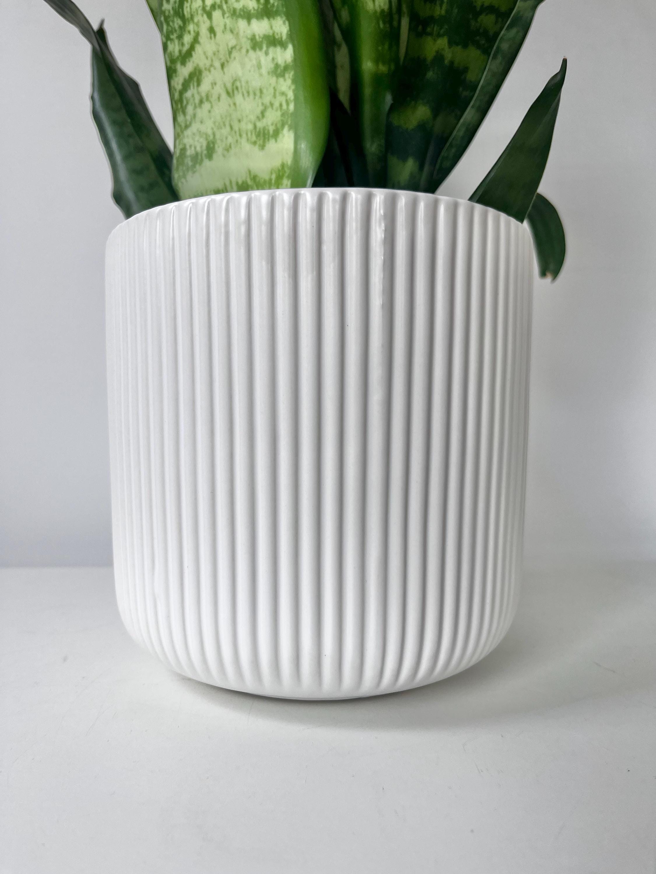 Glossy White Ceramic Planter | Modern Ribbed Indoor Plant Pot for Home or Office Decor