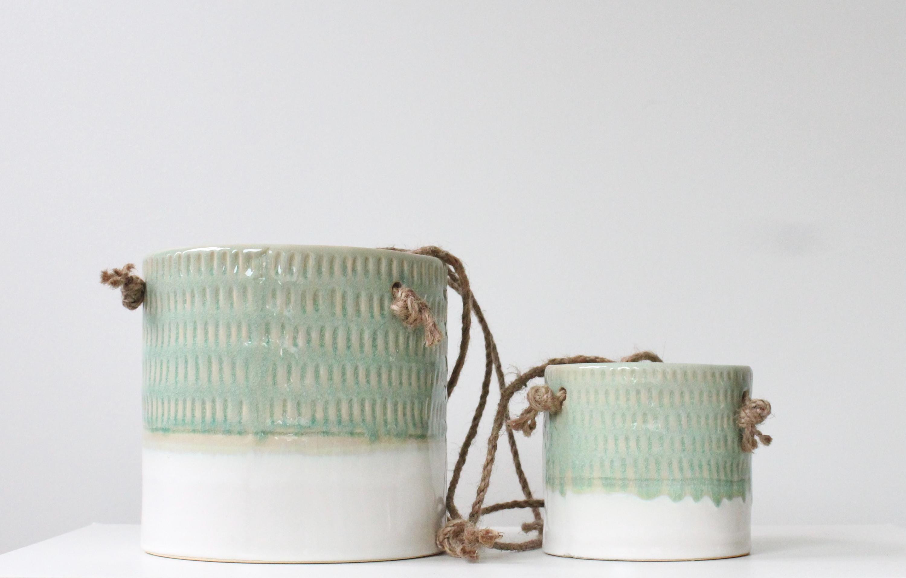 Hanging Ceramic Planter in Light Green and White glaze | Modern Boho Hanging Vase