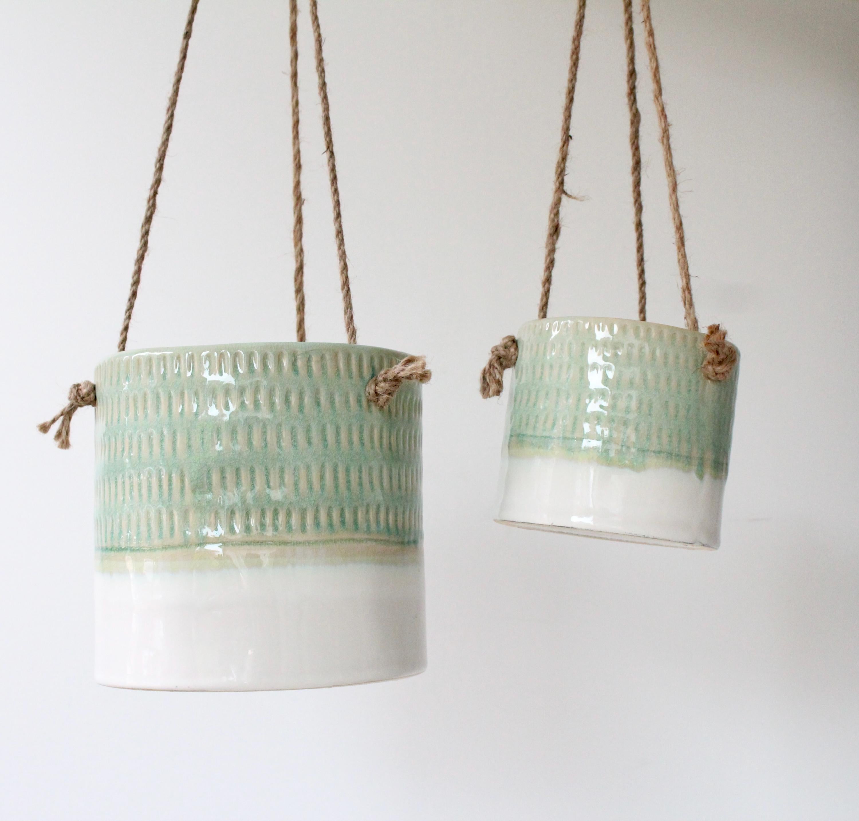 Hanging Ceramic Planter in Light Green and White glaze | Modern Boho Hanging Vase