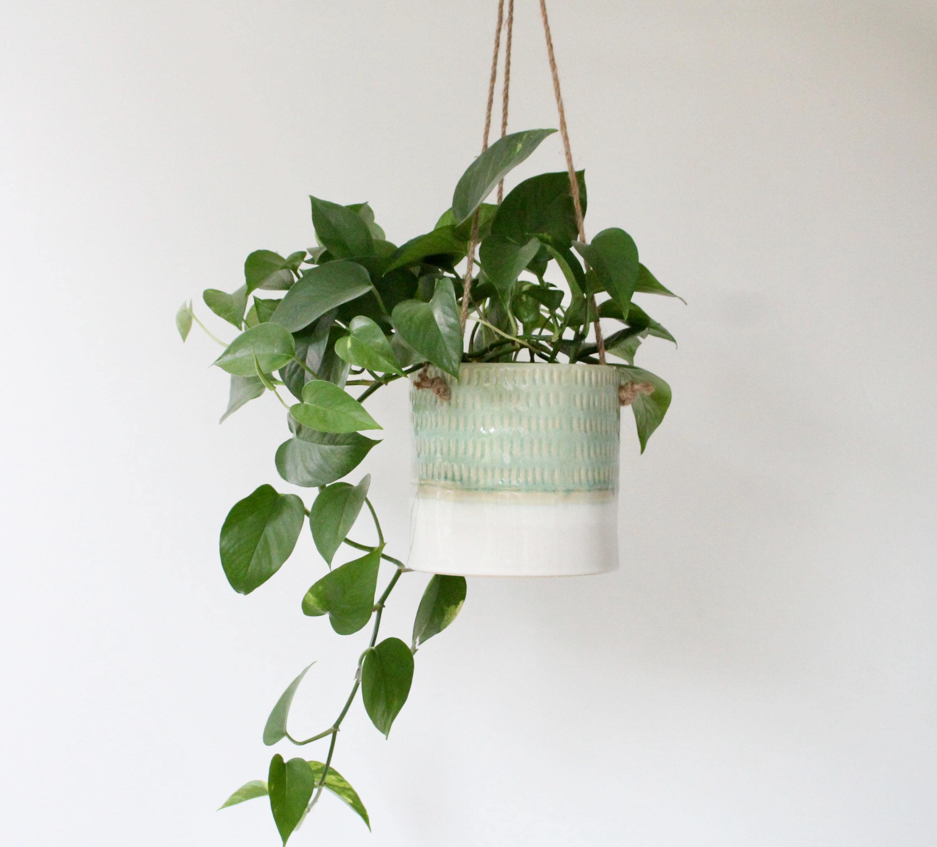 Hanging Ceramic Planter in Light Green and White glaze | Modern Boho Hanging Vase