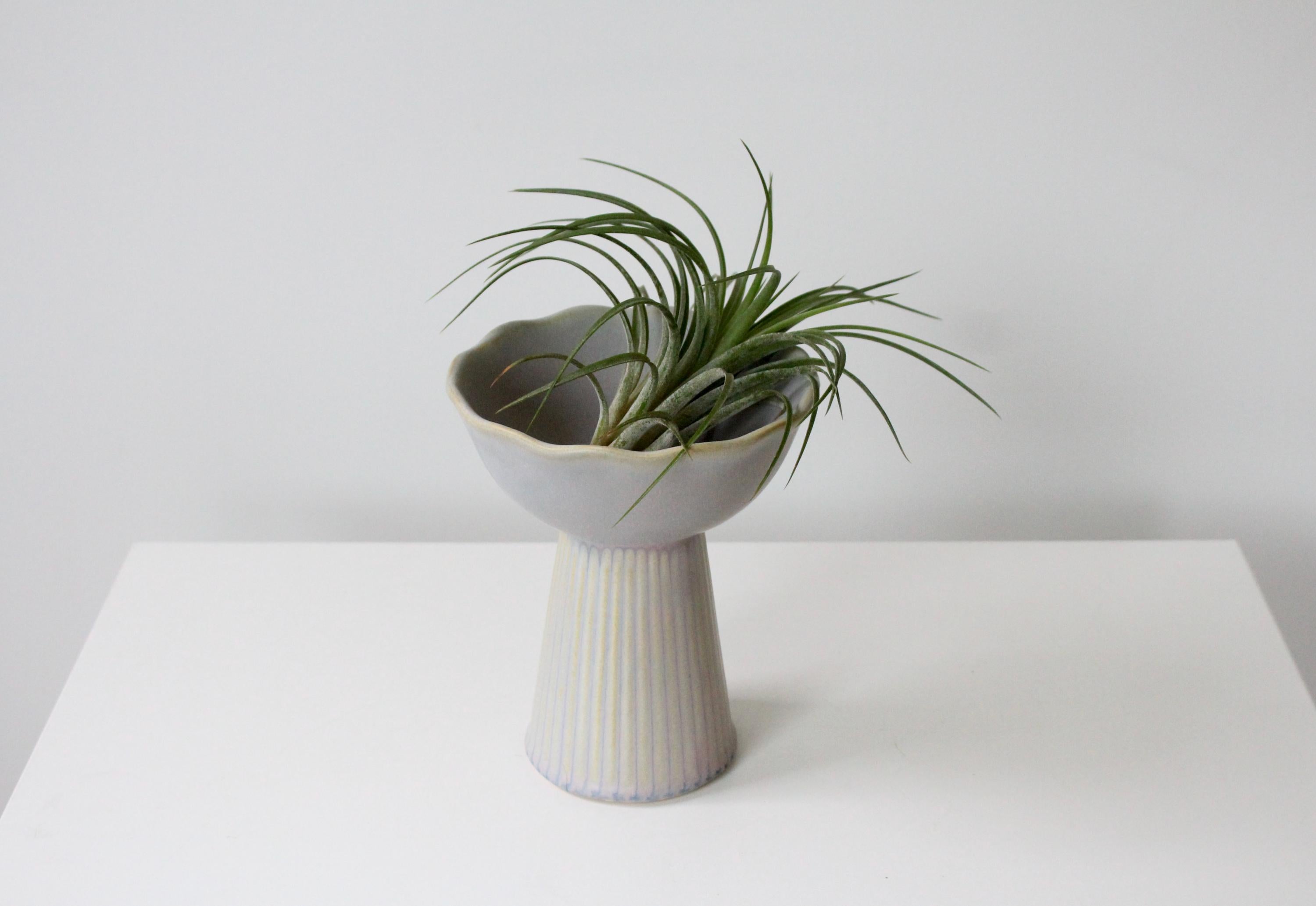 Handmade Ceramic Catchall Bowl | Pearl Grey and Cream Glazed Pedestal Dish, Modern Rippled Key or Jewelry Holder