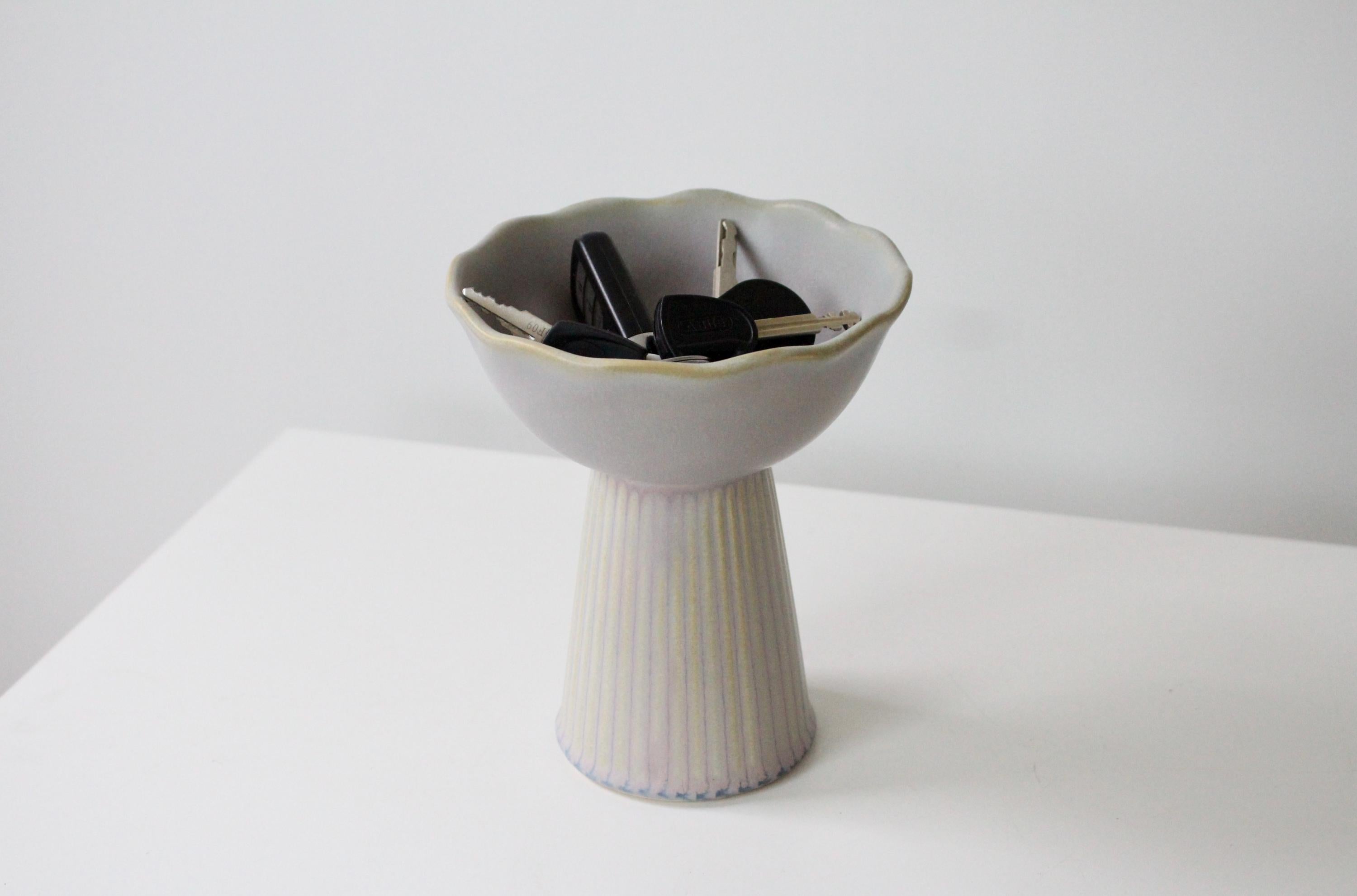Handmade Ceramic Catchall Bowl | Pearl Grey and Cream Glazed Pedestal Dish, Modern Rippled Key or Jewelry Holder