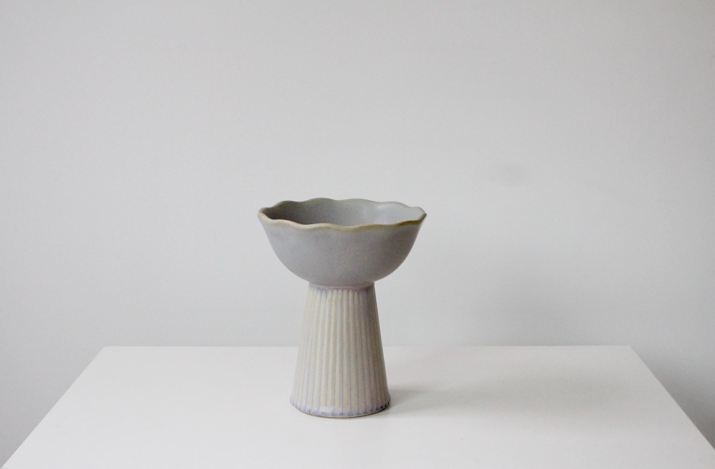 Handmade Ceramic Catchall Bowl | Pearl Grey and Cream Glazed Pedestal Dish, Modern Rippled Key or Jewelry Holder