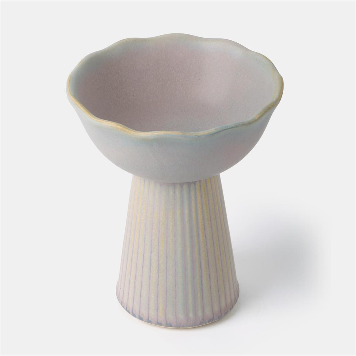 Handmade Ceramic Catchall Bowl | Pearl Grey and Cream Glazed Pedestal Dish, Modern Rippled Key or Jewelry Holder