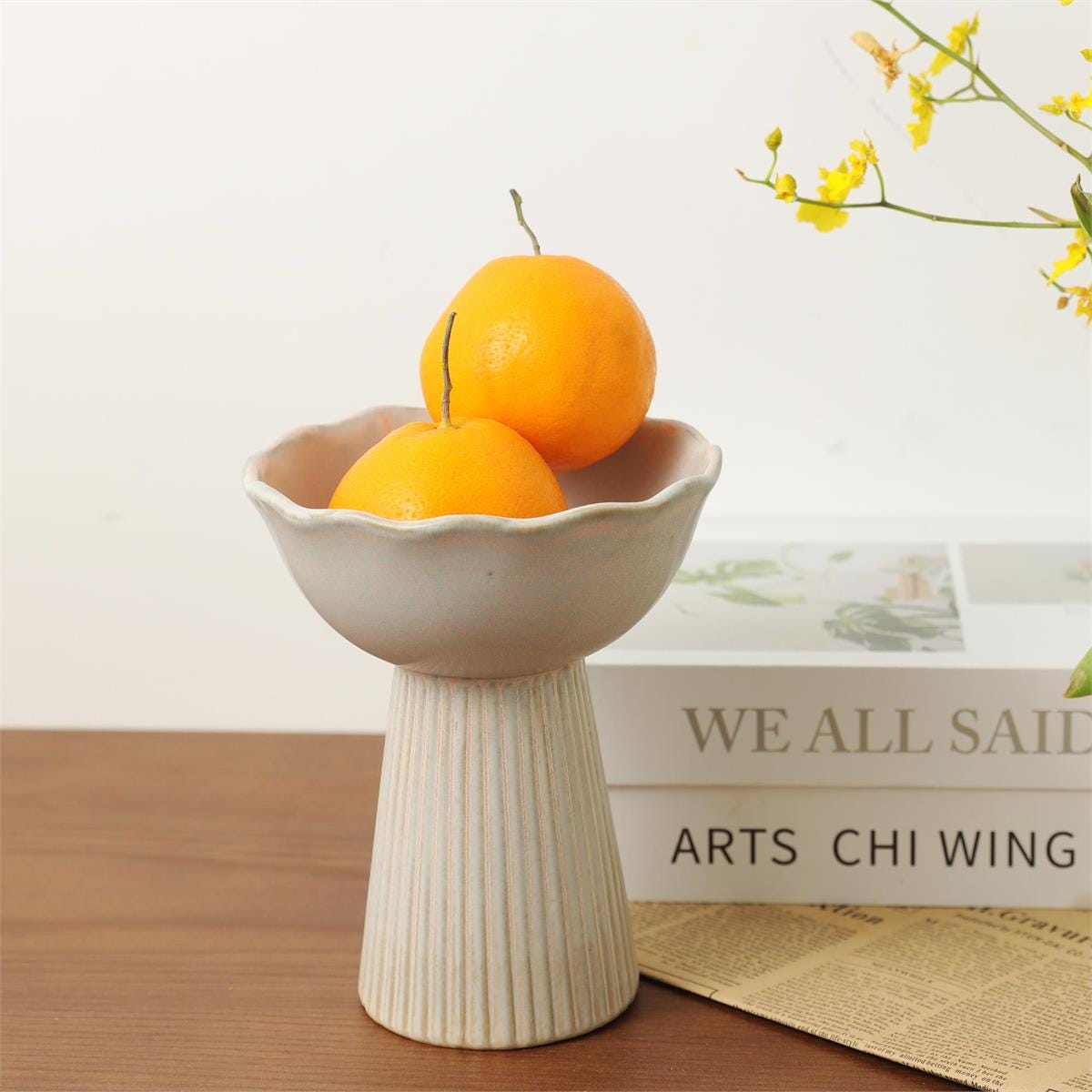 Handmade Ceramic Catchall Bowl | Pearl Grey and Cream Glazed Pedestal Dish, Modern Rippled Key or Jewelry Holder