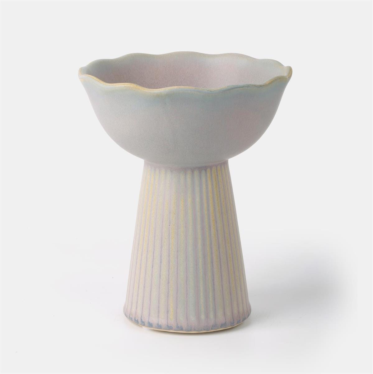 Handmade Ceramic Catchall Bowl | Pearl Grey and Cream Glazed Pedestal Dish, Modern Rippled Key or Jewelry Holder