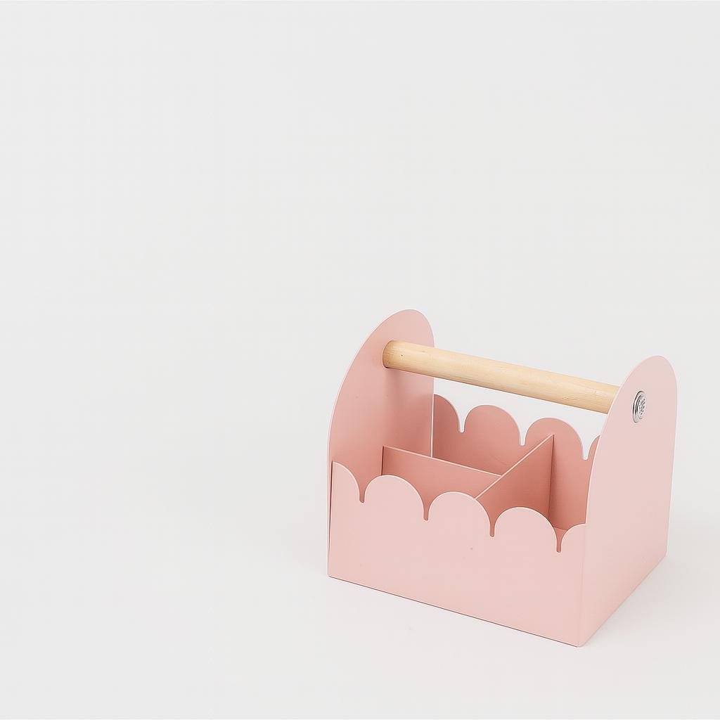 Blush Pink Metal Storage Caddy | Scalloped Organizer with Wooden Handle for Makeup, Craft Supplies & Bathroom Essentials