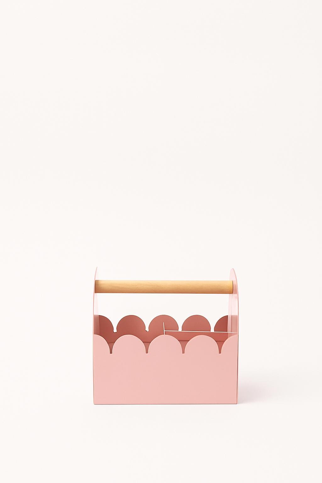 Blush Pink Metal Storage Caddy | Scalloped Organizer with Wooden Handle for Makeup, Craft Supplies & Bathroom Essentials