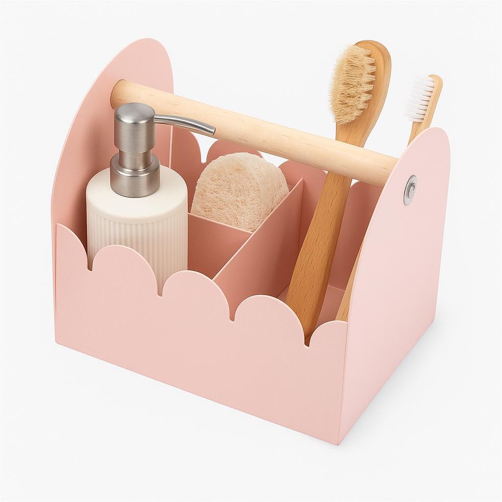 Blush Pink Metal Storage Caddy | Scalloped Organizer with Wooden Handle for Makeup, Craft Supplies & Bathroom Essentials