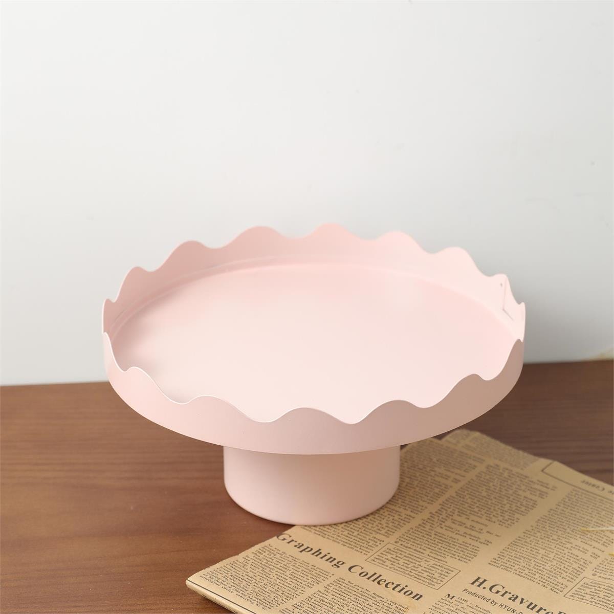 Blush Pink Metal Storage Caddy | Scalloped Organizer with Wooden Handle for Makeup, Craft Supplies & Bathroom Essentials