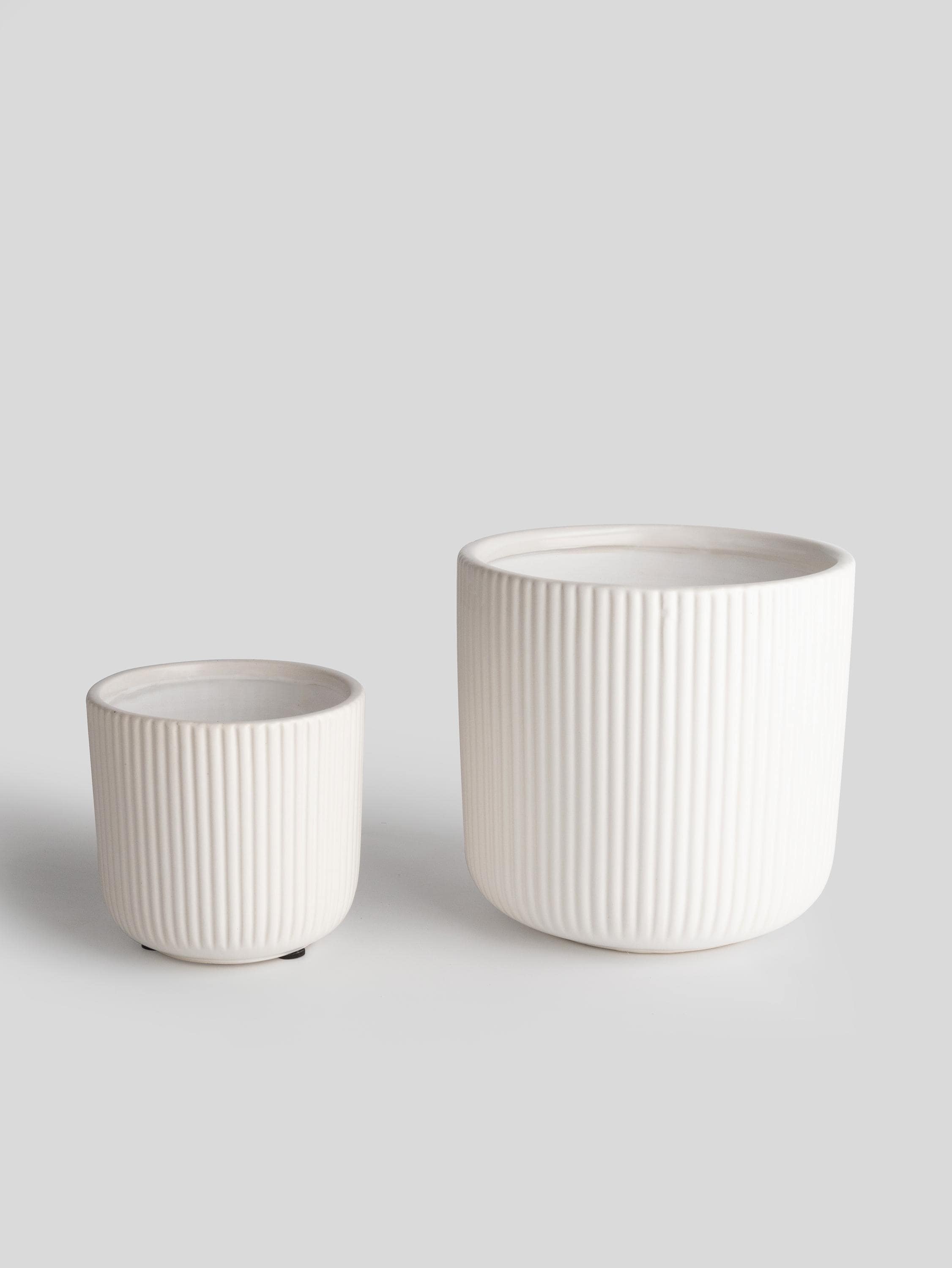 Glossy White Ceramic Planter | Modern Ribbed Indoor Plant Pot for Home or Office Decor