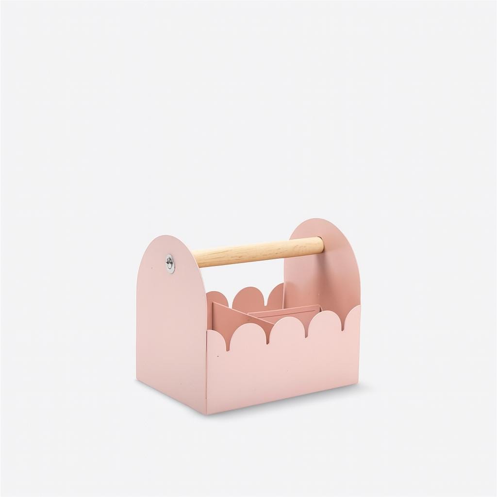 Blush Pink Metal Storage Caddy | Scalloped Organizer with Wooden Handle for Makeup, Craft Supplies & Bathroom Essentials