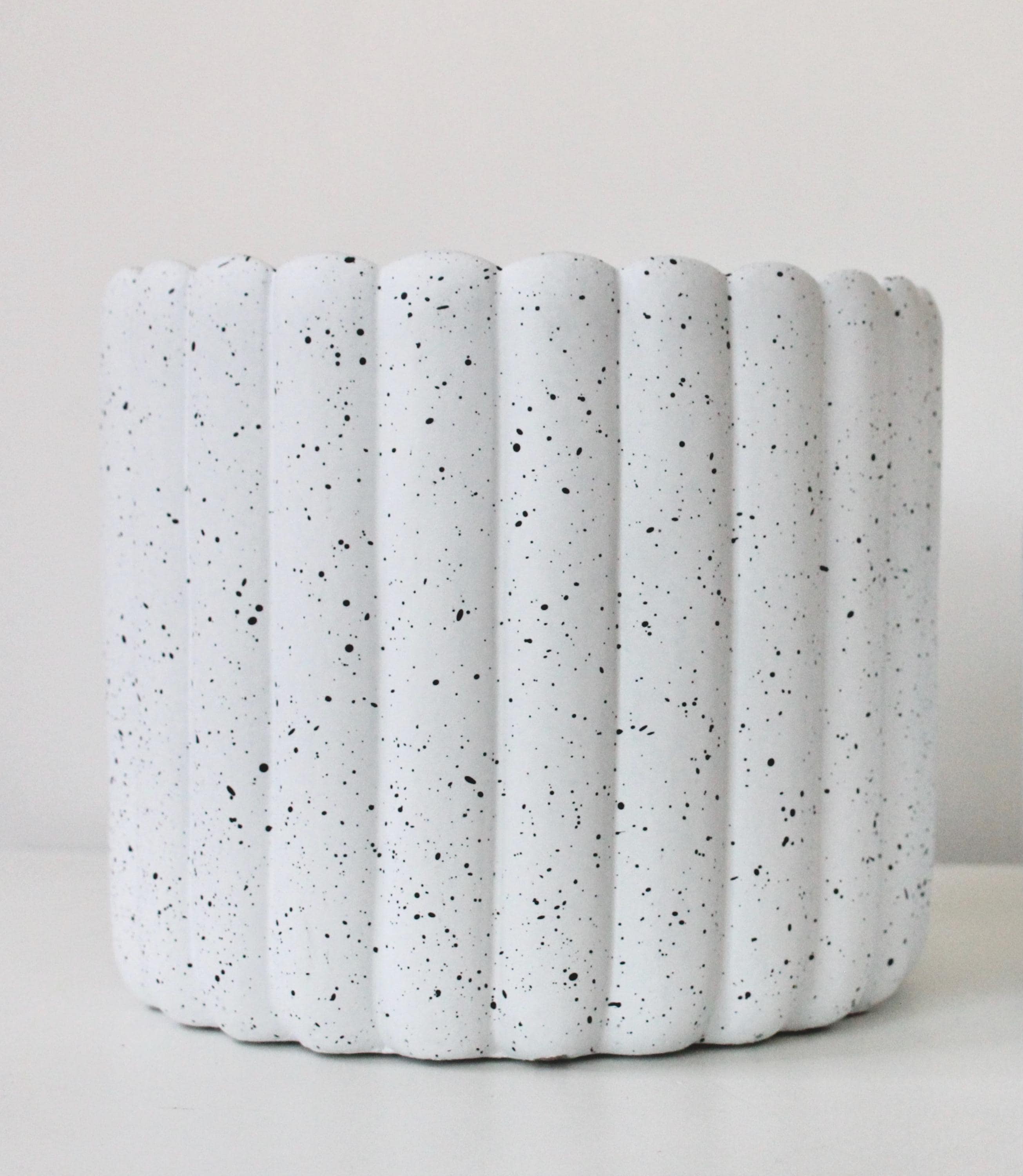 Scalloped Cement Planter | White Speckled Modern Pot for Indoor Plants, Boho Minimalist Home Decor