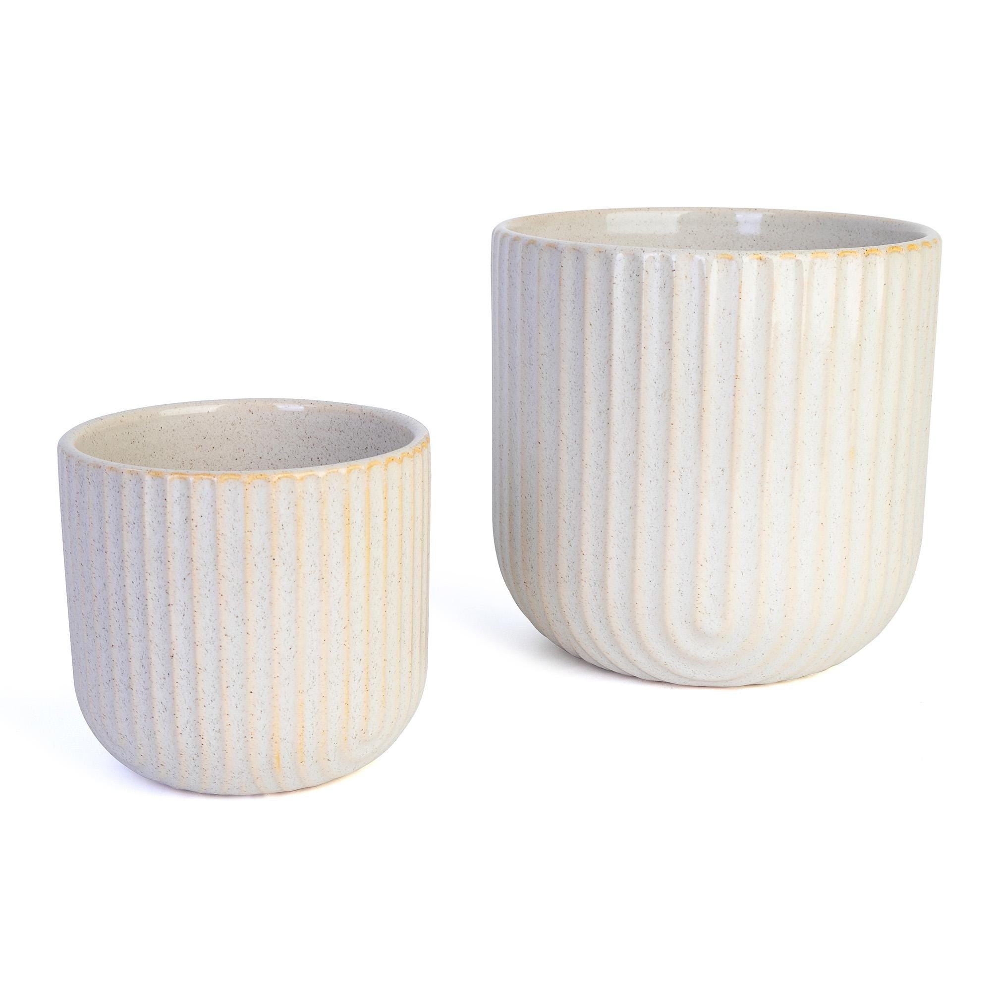 Ribbed Arch Speckled Ceramic Flower Vase | Beige Scallop Planter | Rounded Indoor Pot with Modern Texture