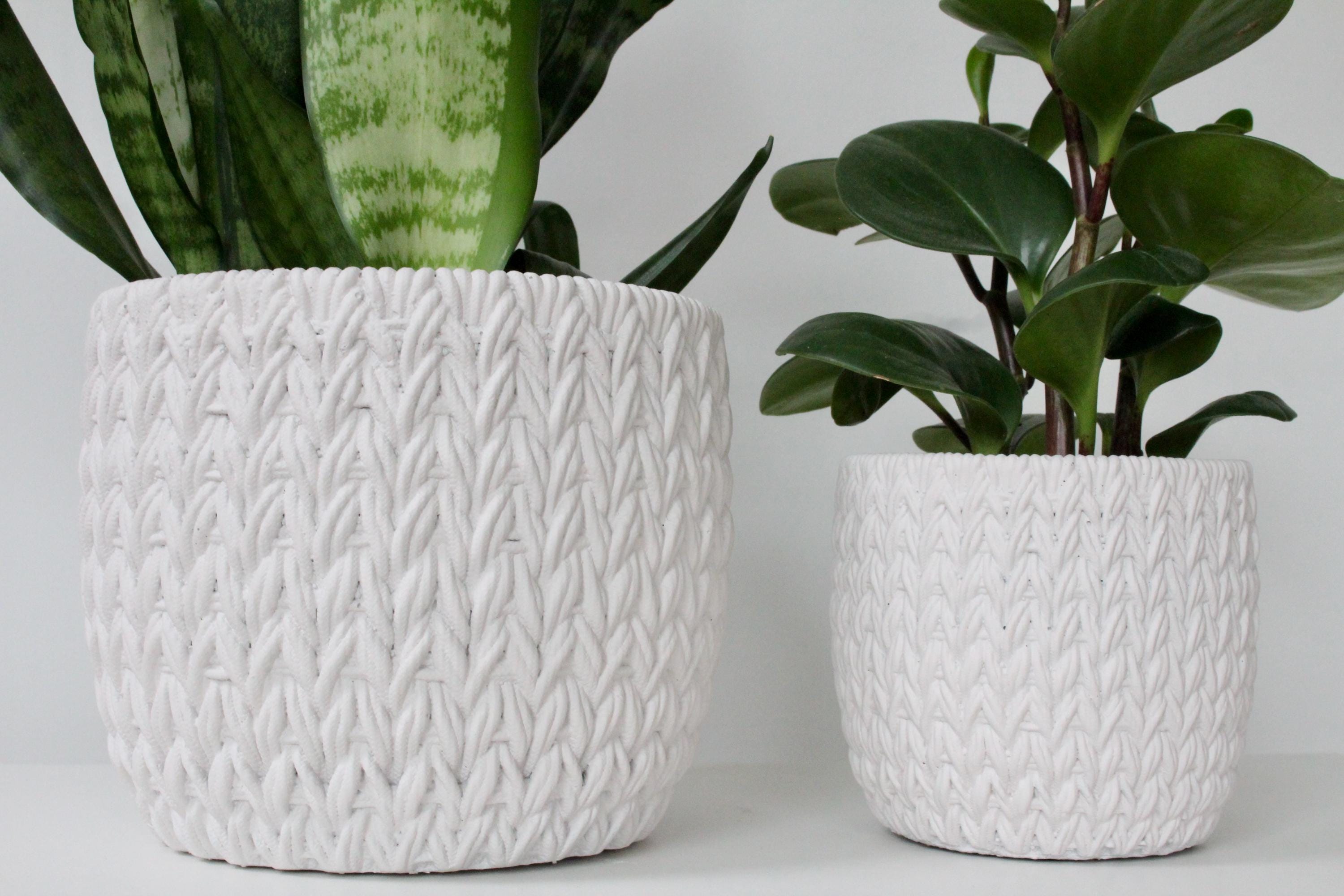 Cream Textured Cement Planter | Knit-Style Indoor Plant Pot for Modern or Cozy Home Decor