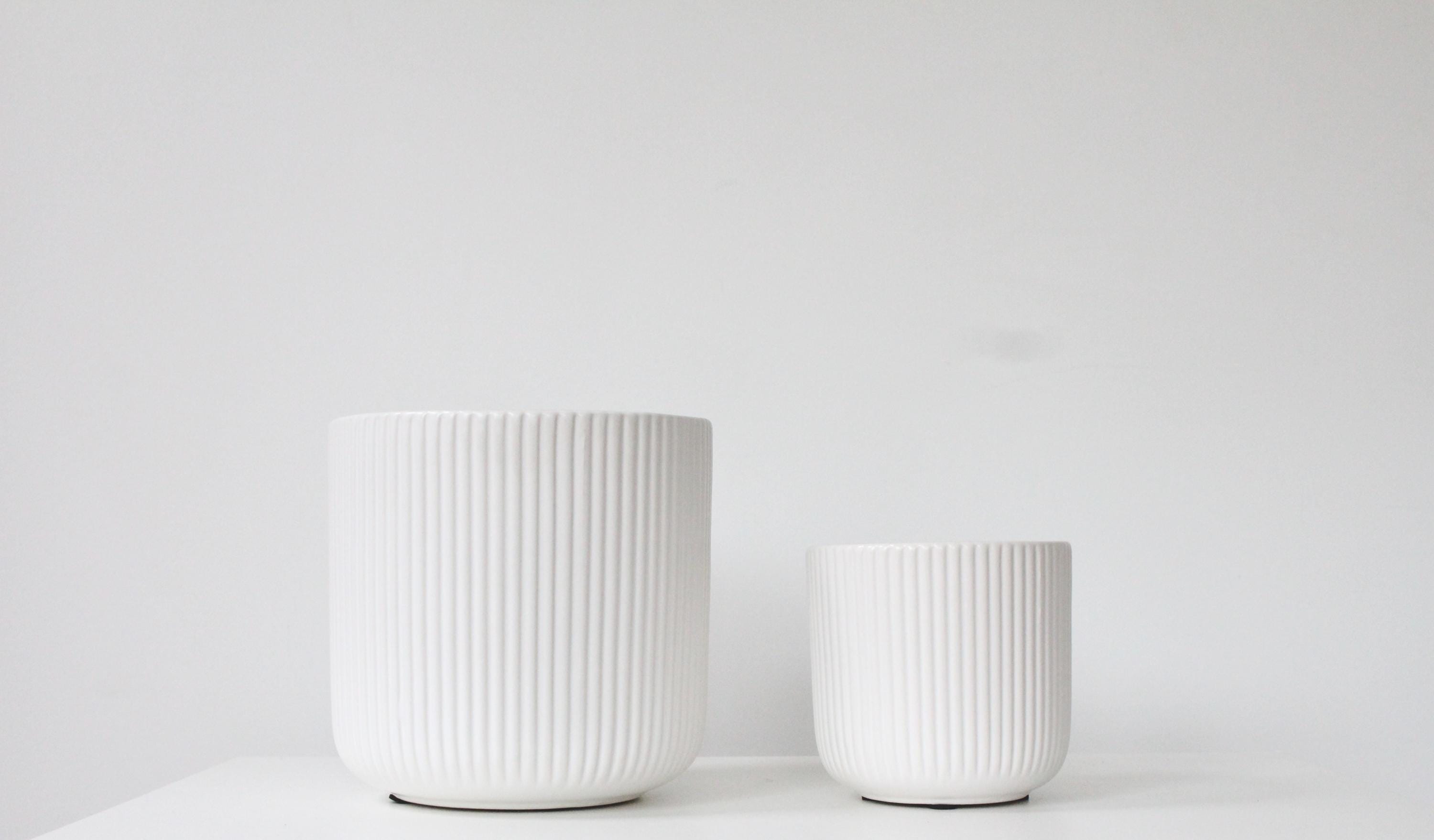 Glossy White Ceramic Planter | Modern Ribbed Indoor Plant Pot for Home or Office Decor