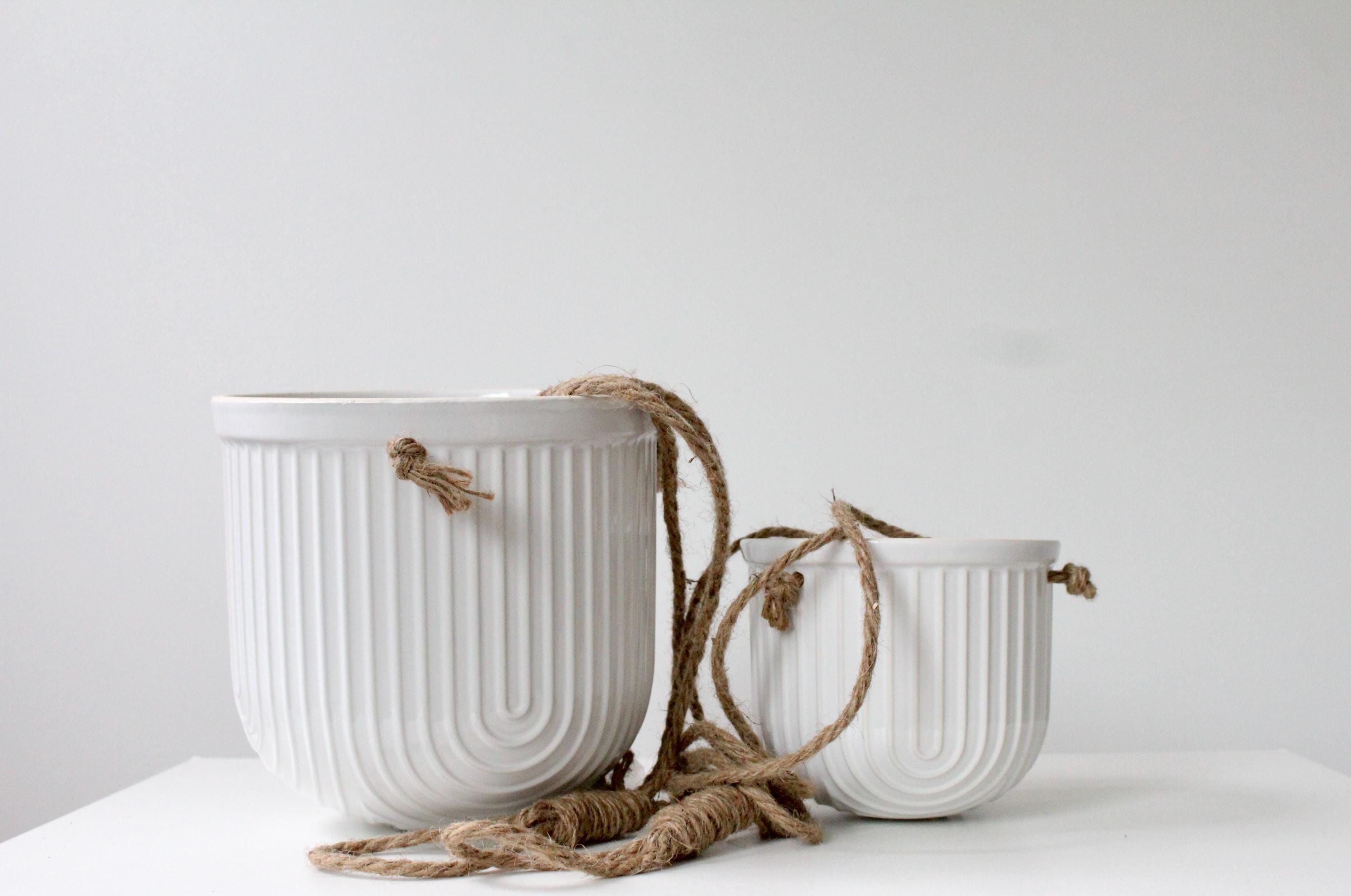 Arch White Hanging Ceramic Planter | Ribbed Indoor Plant Pot with Jute Rope | Modern Vertical Wall Vase