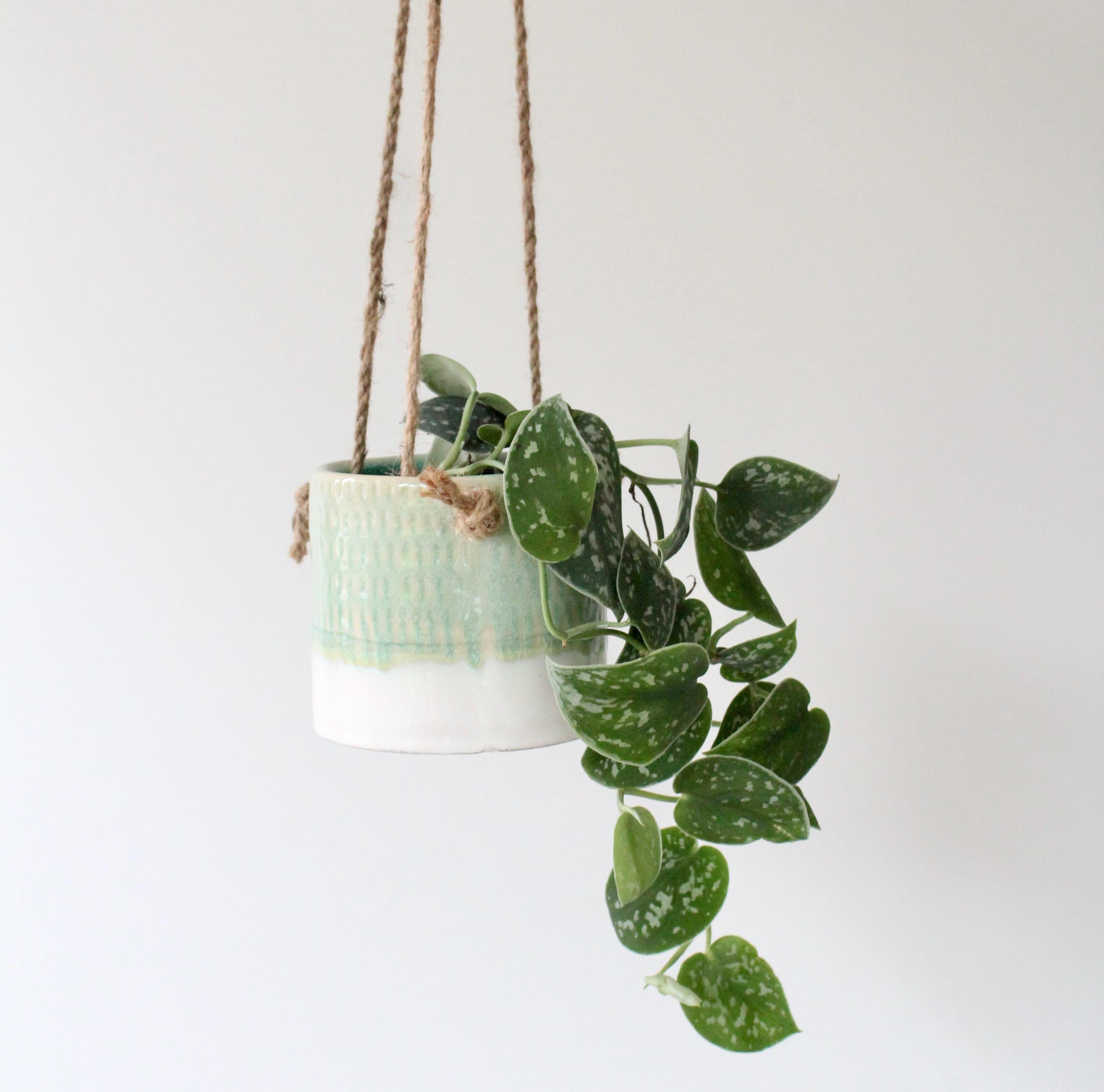 Hanging Ceramic Planter in Light Green and White glaze | Modern Boho Hanging Vase