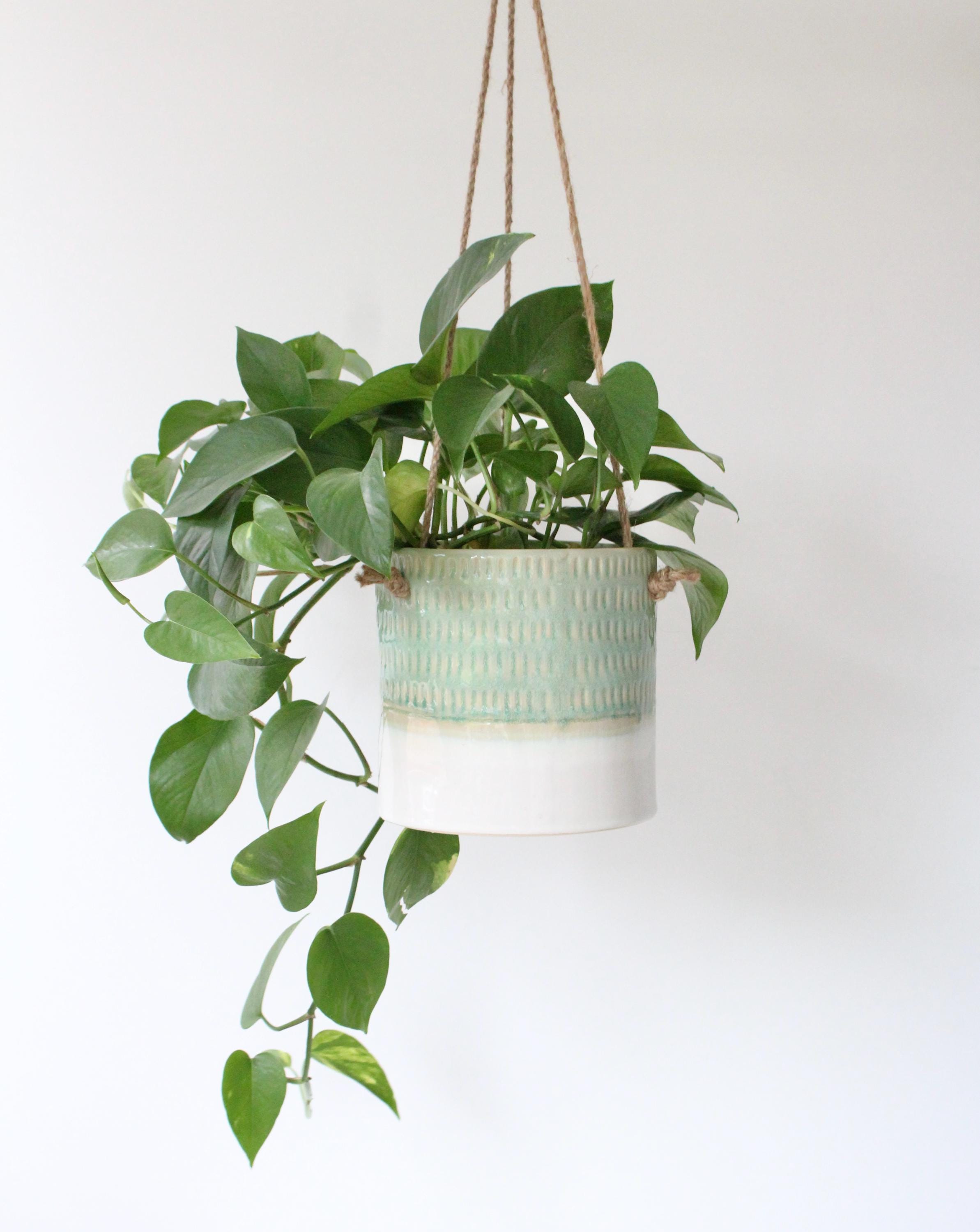 Hanging Ceramic Planter in Light Green and White glaze | Modern Boho Hanging Vase