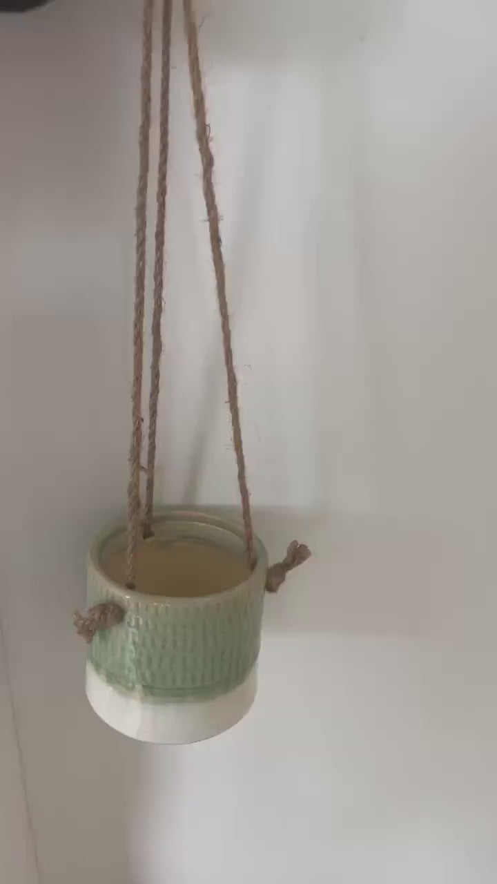 Hanging Ceramic Planter in Light Green and White glaze