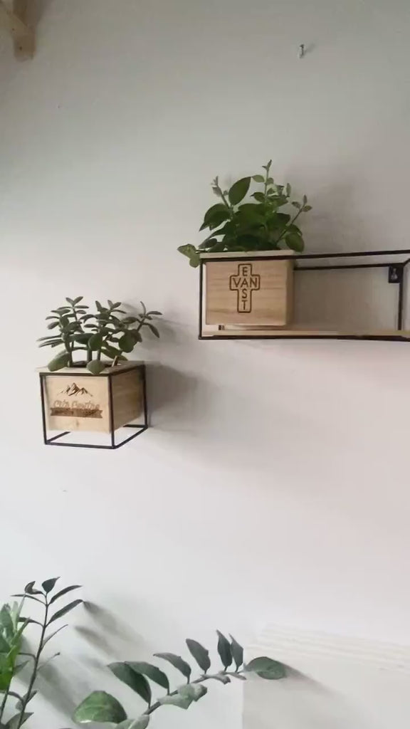 Personalized Engraved Wooden Floating Shelf With Planter