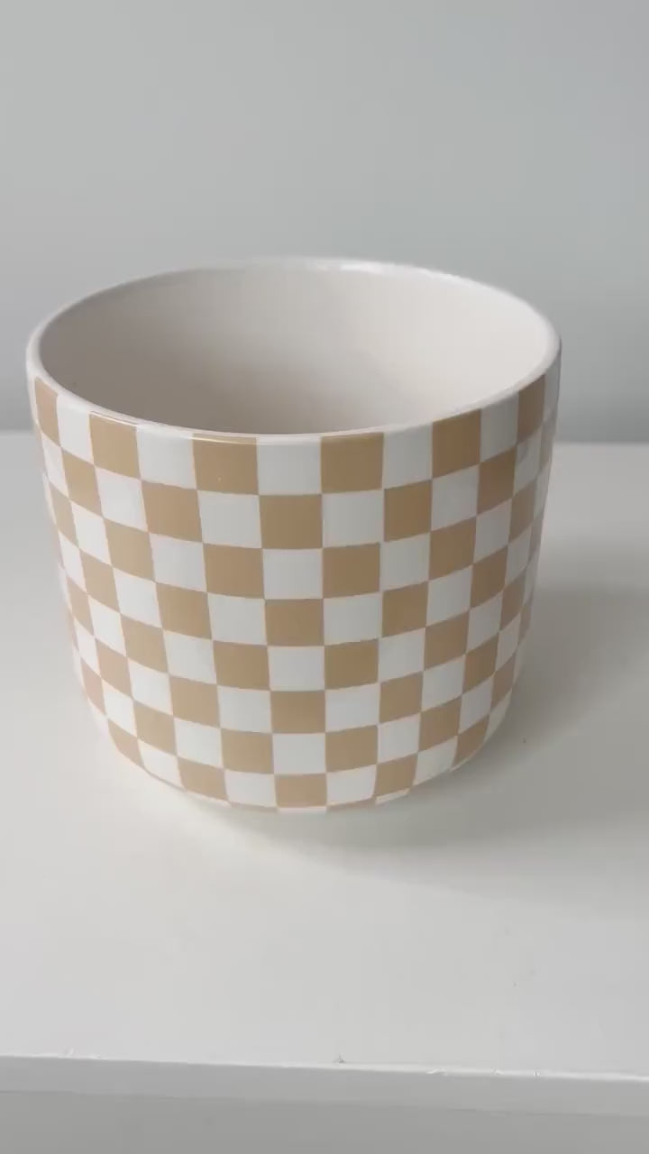Large Checkered Ceramic Planter with Two Tone Glaze in Beige and White