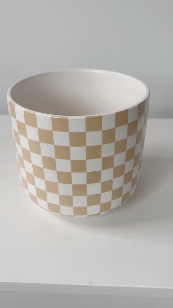 Large Checkered Ceramic Planter with Two Tone Glaze in Beige and White
