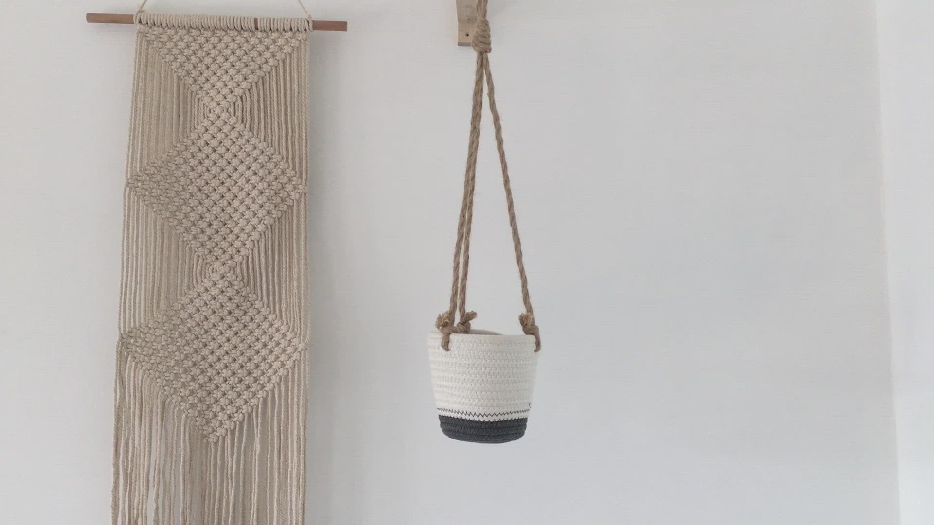 Dark Grey and White Cotton Rope Hanging Plant Basket