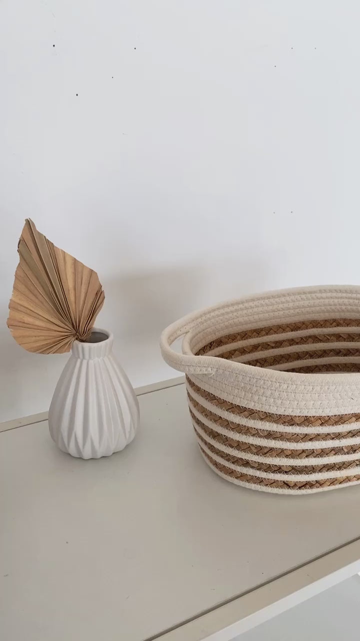 White Cotton and Jute Woven Storage Rope Baskets with Handles
