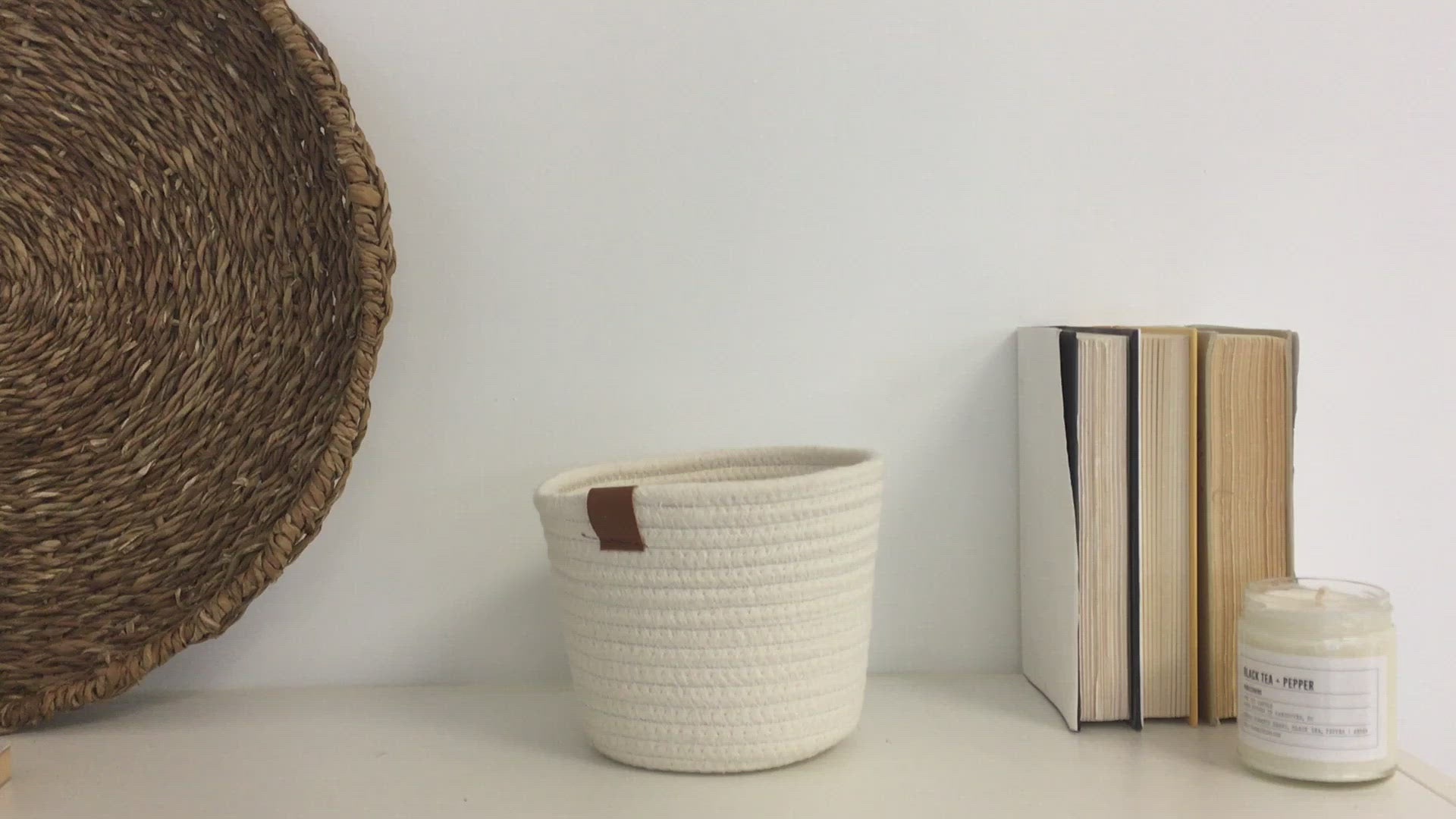 Off White Cotton Rope Plant Basket with Leather Accent