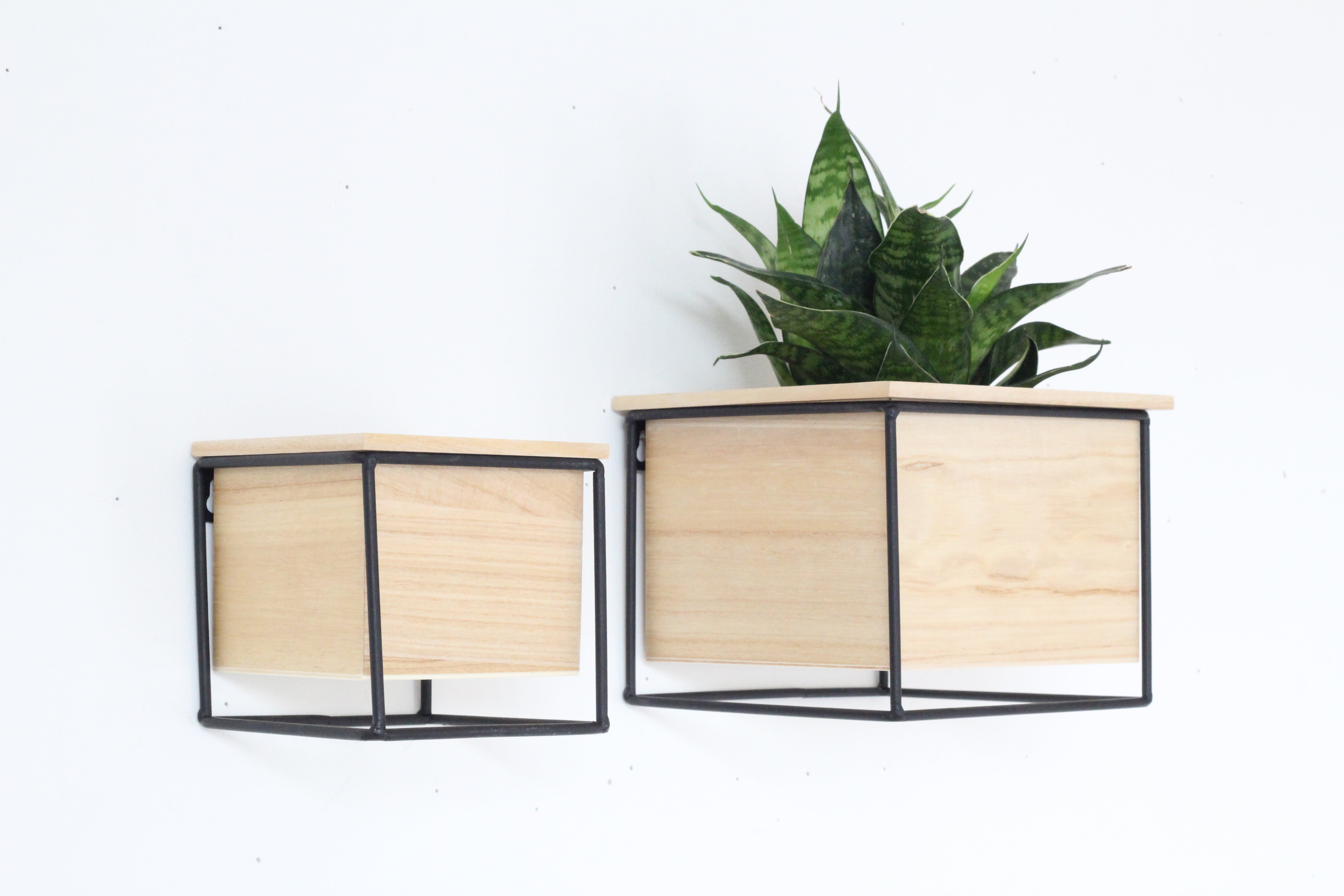 Wall Planter Pot in Black Metal and Wood Minimalist