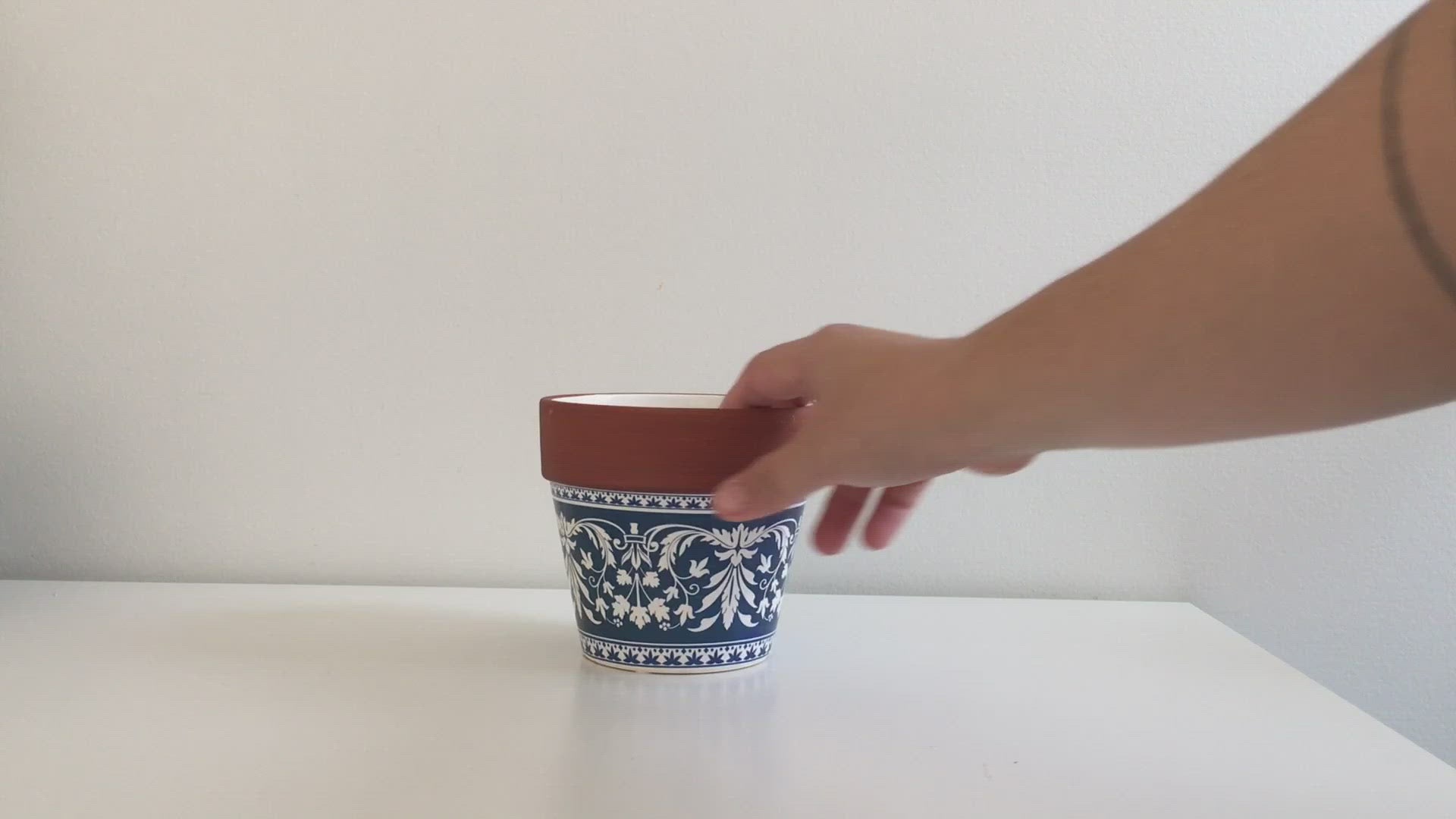 Vintage Fleur de Lis Tile Print Planter Pot with Terracotta Trim